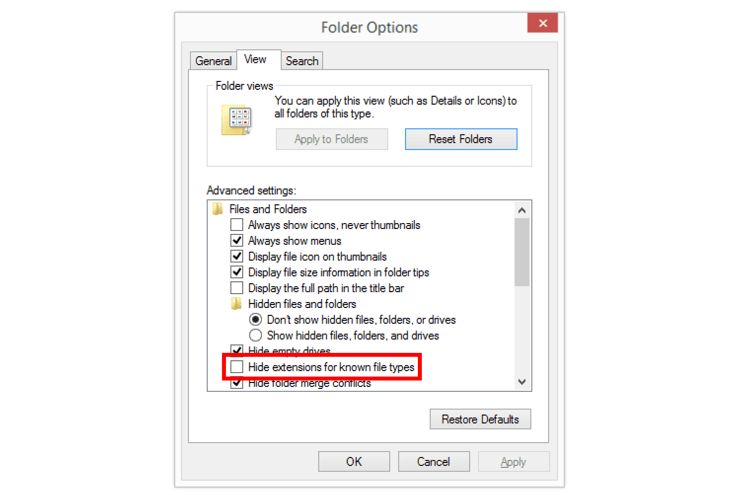 Снимок экрана опции в Windows, чтобы скрыть расширения для известных типов файлов