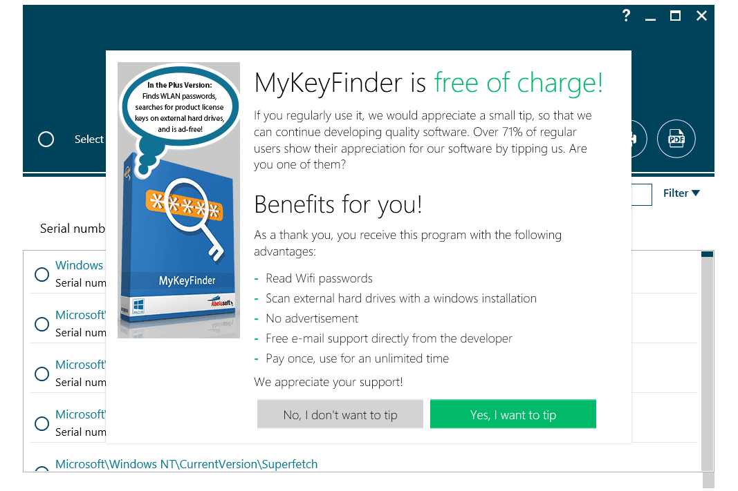 Снимок экрана монеты MyKeyFinder
