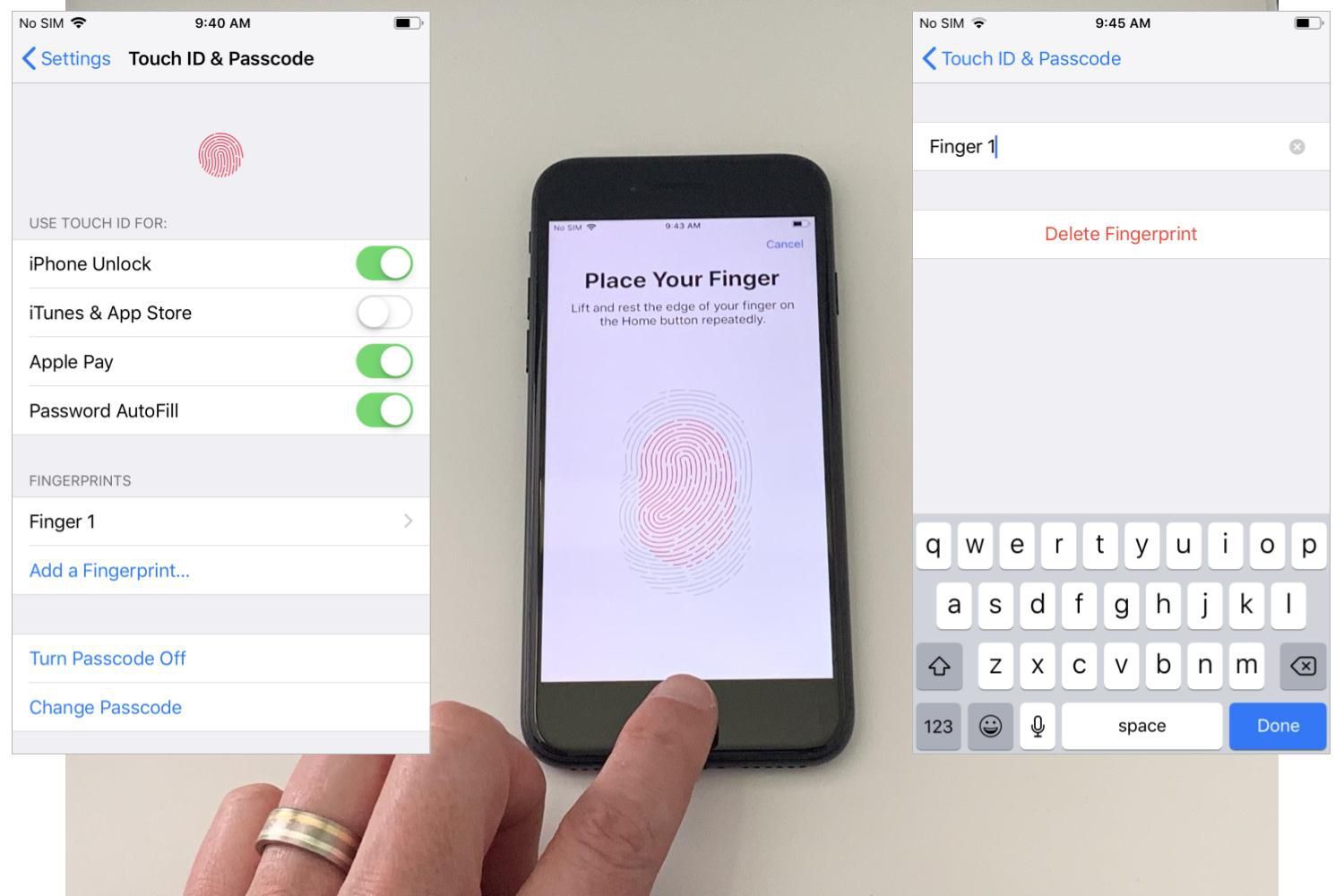 Два снимка экрана телефона iOS (слева, параметры конфигурации Touch ID описаны в посте; справа, изменить имя отпечатка пальца или удалить); Отцентрируйте фотографию левого указательного пальца во время сеанса настройки Touch ID, показывая образец отпечатка пальца на экране