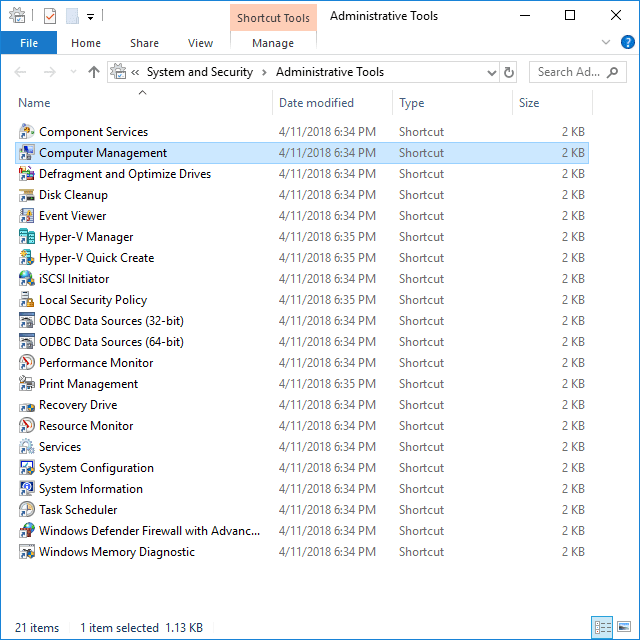 Скриншот административных инструментов в Windows 10