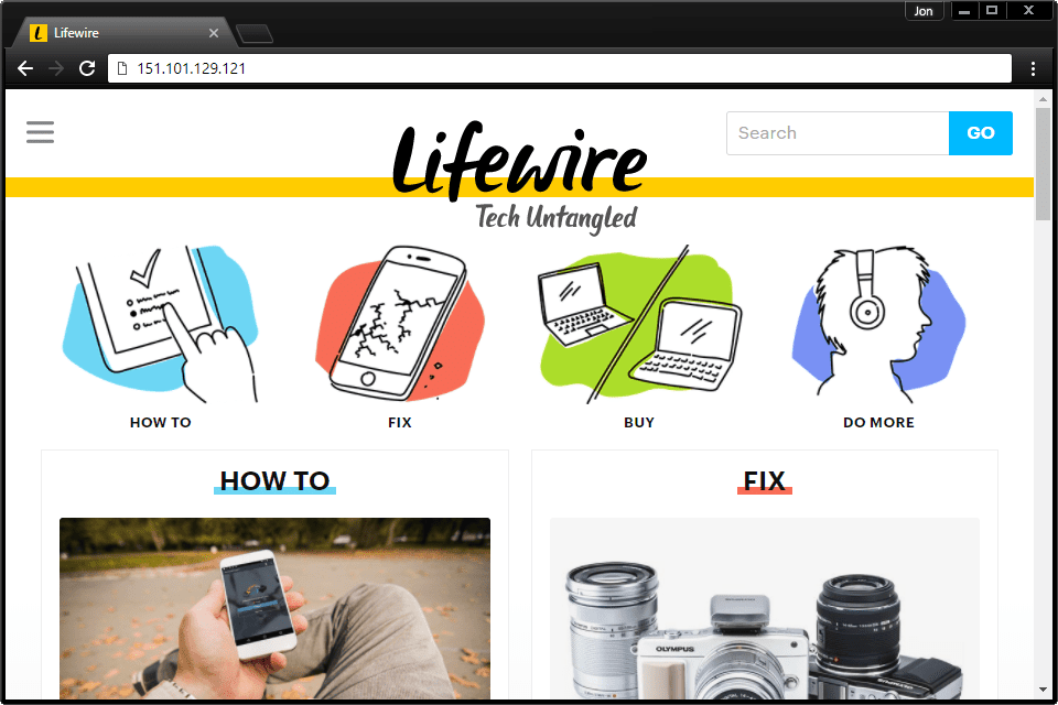 Снимок экрана, показывающий, как получить доступ к Lifewire.com с его IP-адреса