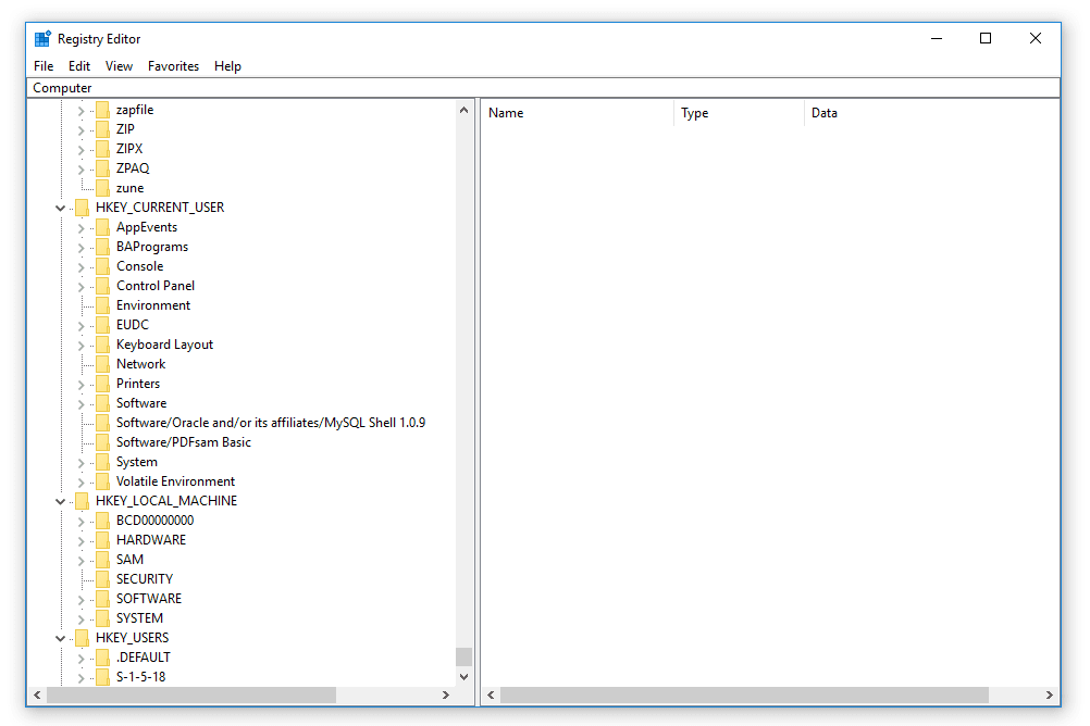 Снимок экрана с несколькими ключами реестра в редакторе реестра Windows 10