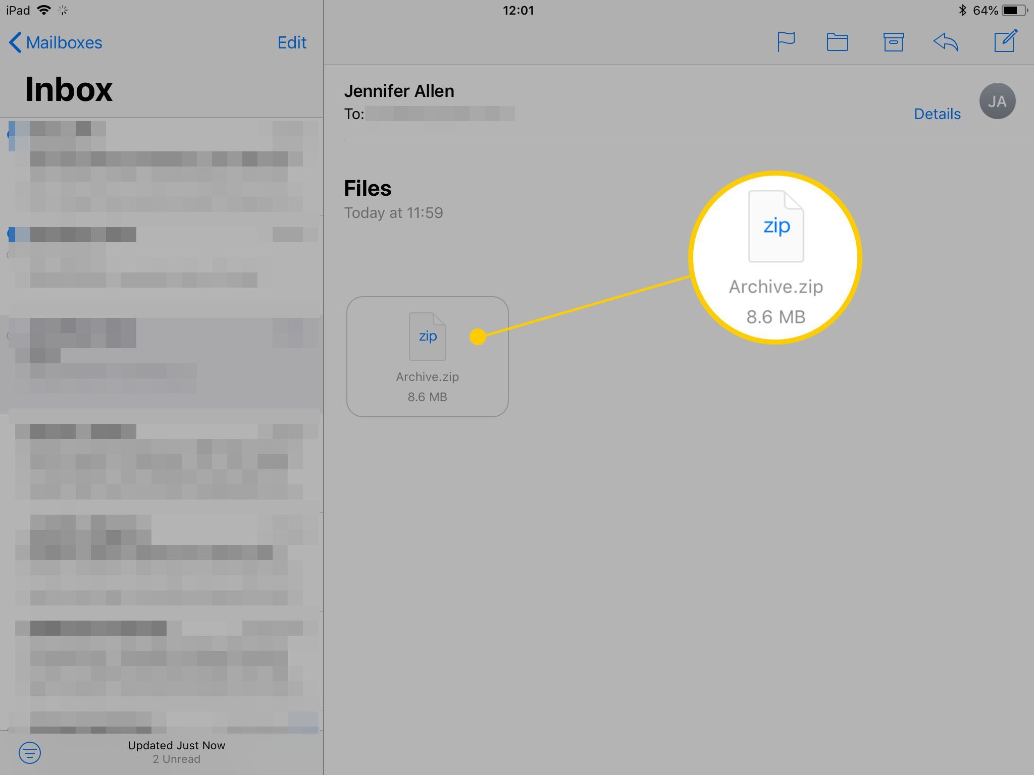 Приложение iPad Mail, отображающее открытое электронное письмо со значком вложения