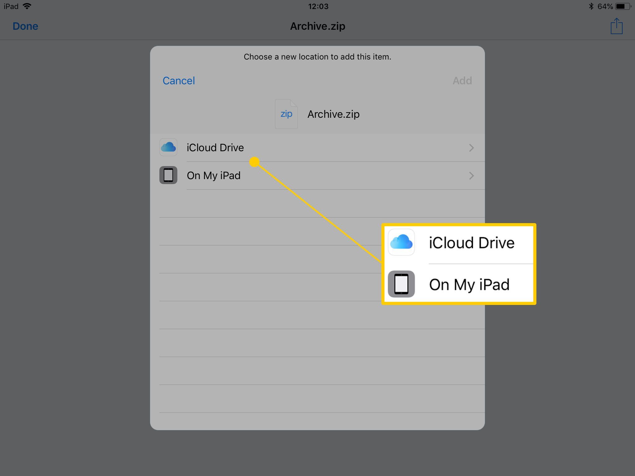 Почтовое приложение iPad, показывающее, куда сохранять вложение