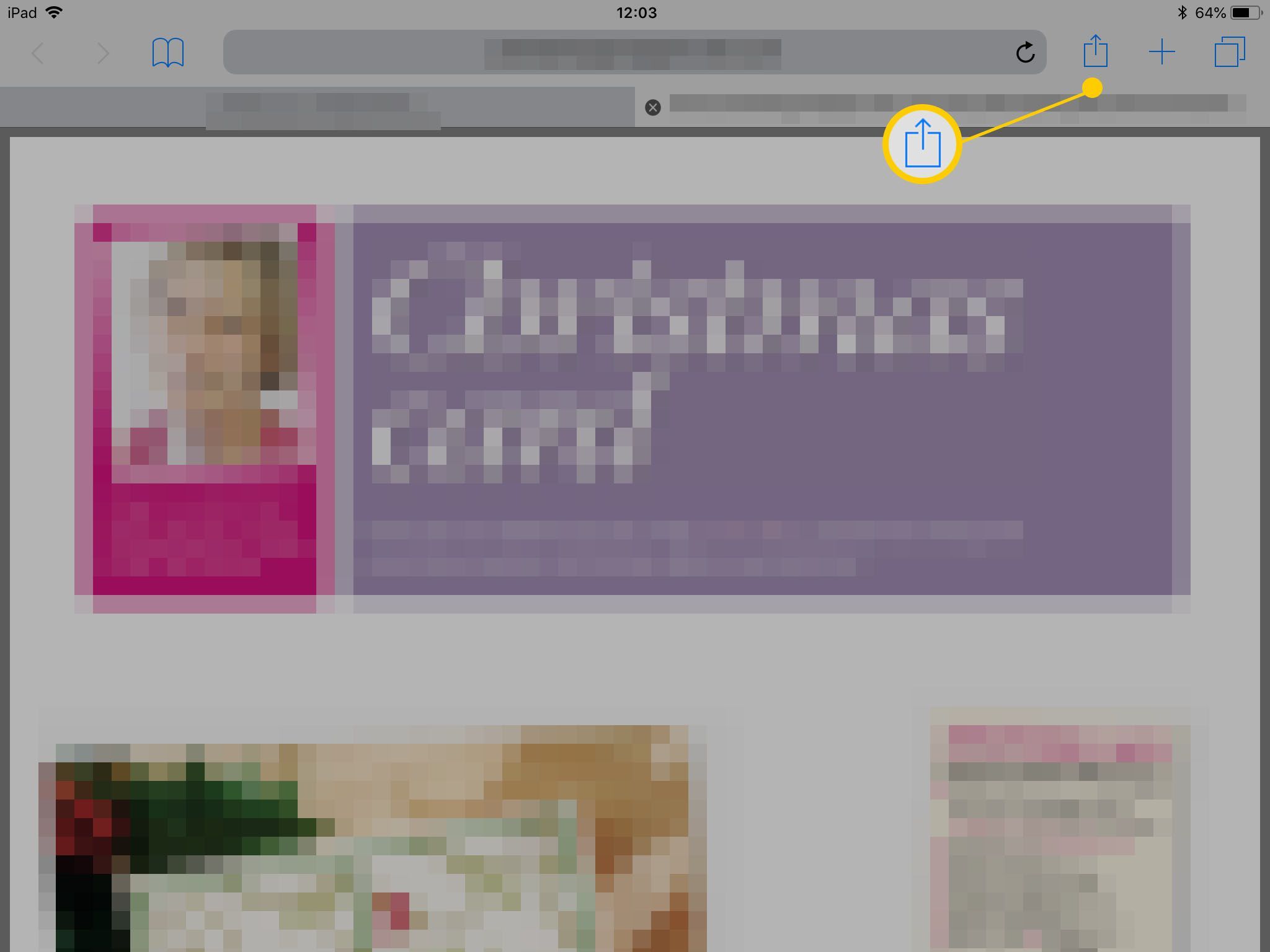 Приложение iPad Safari, показывающее, где в браузере находится диалоговое окно «Параметры»