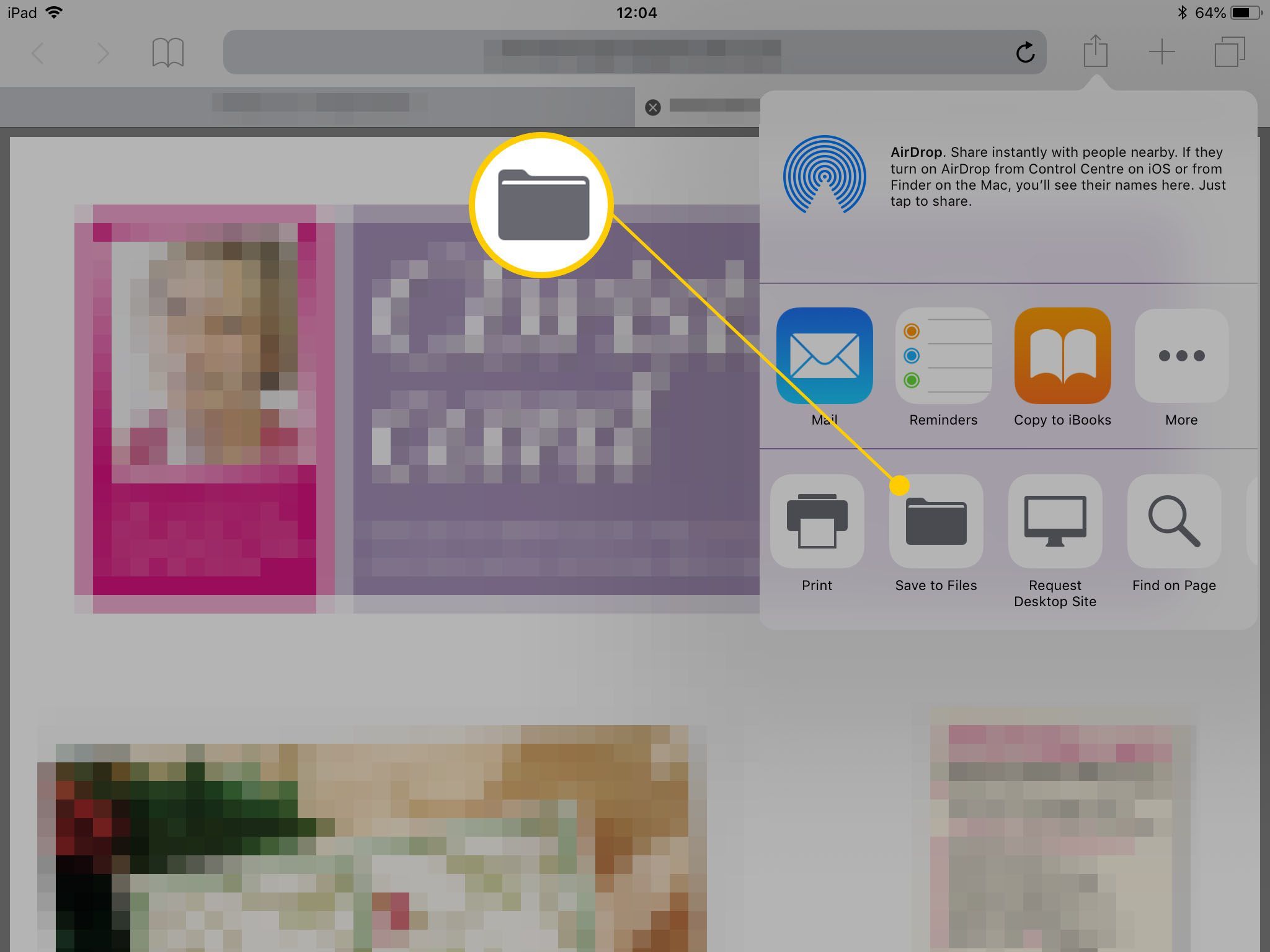 Веб-браузер Safari, работающий на iPad, с выделенным диалоговым окном «Сохранить в файлы»