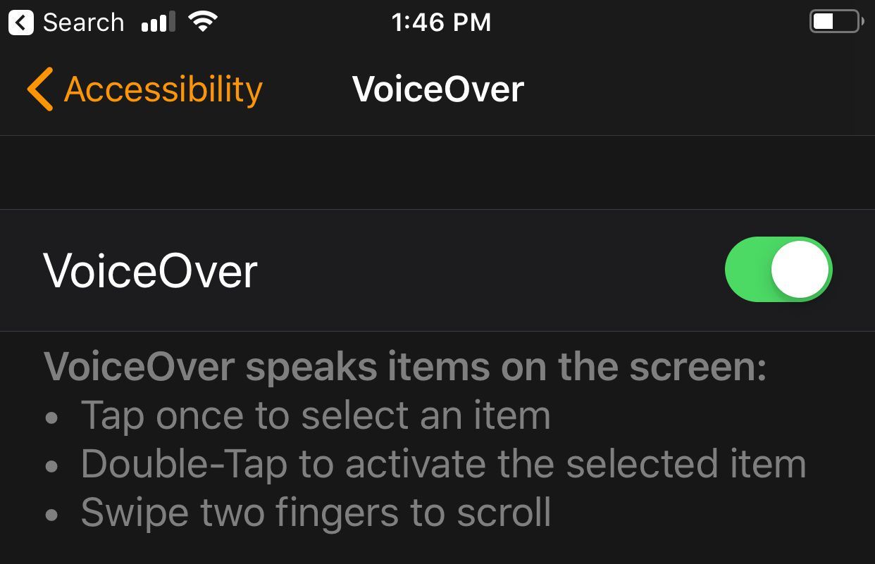 Скриншот настроек VoiceOver для Apple Watch.