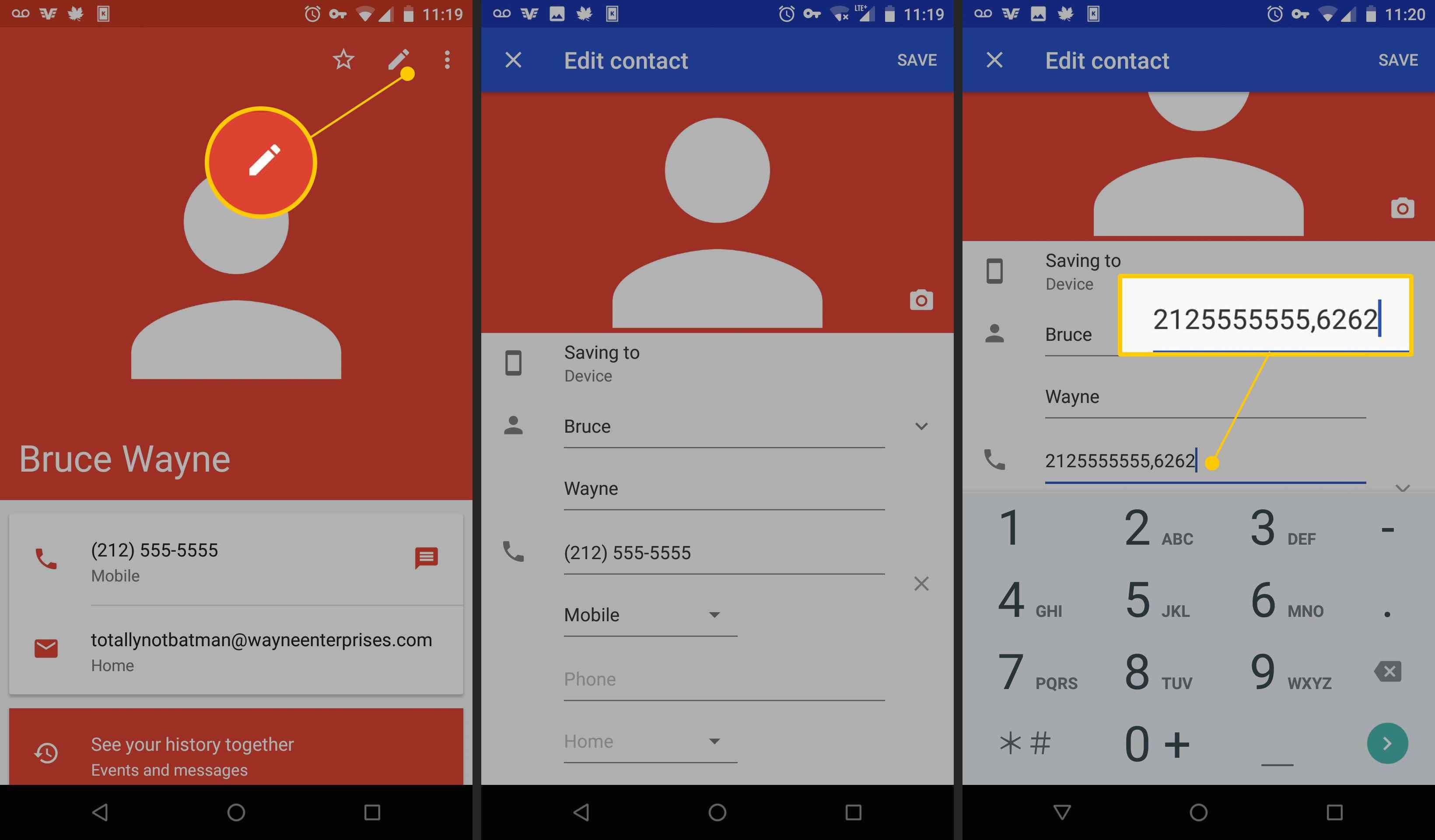 Кнопка «Изменить» и запятая в номере телефона на Android