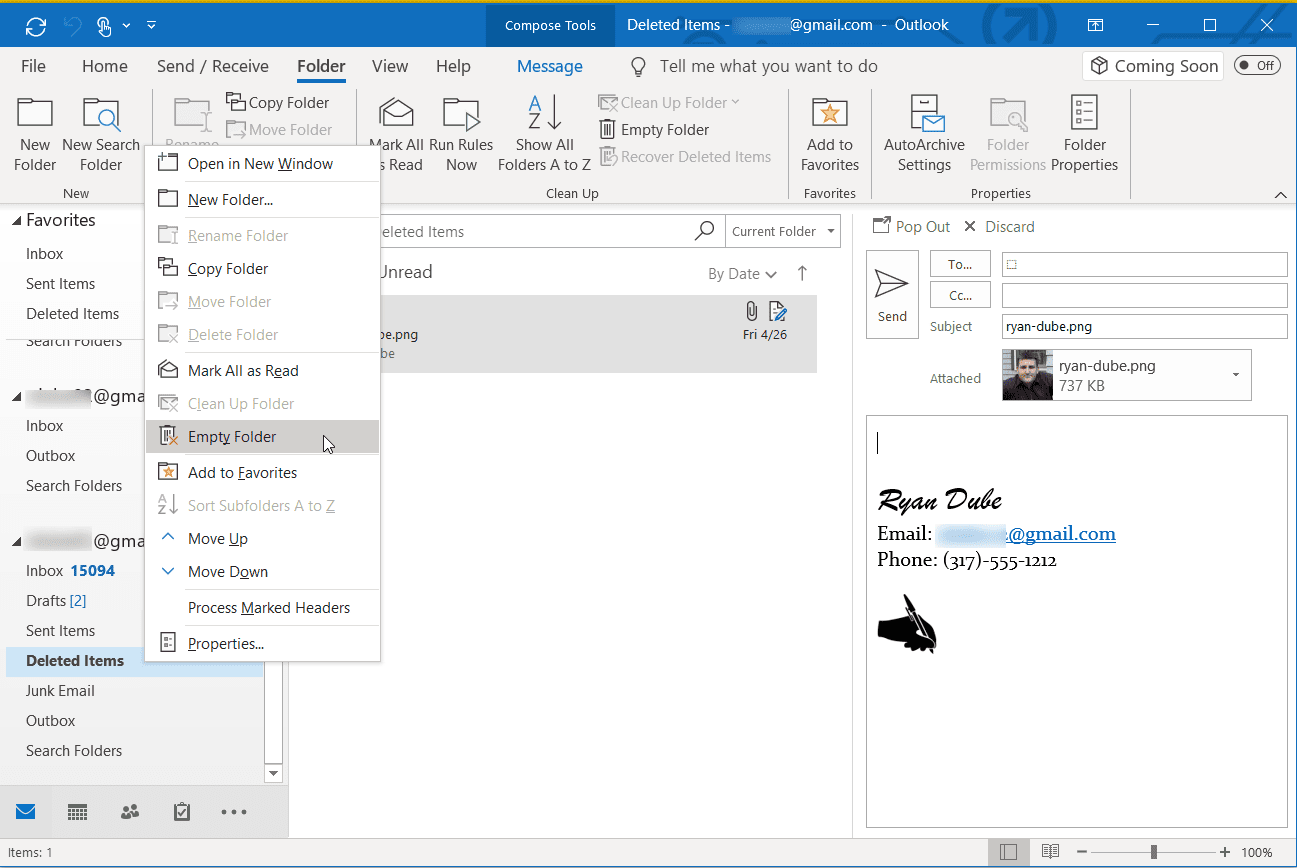 Снимок экрана: опция пустой папки в Outlook