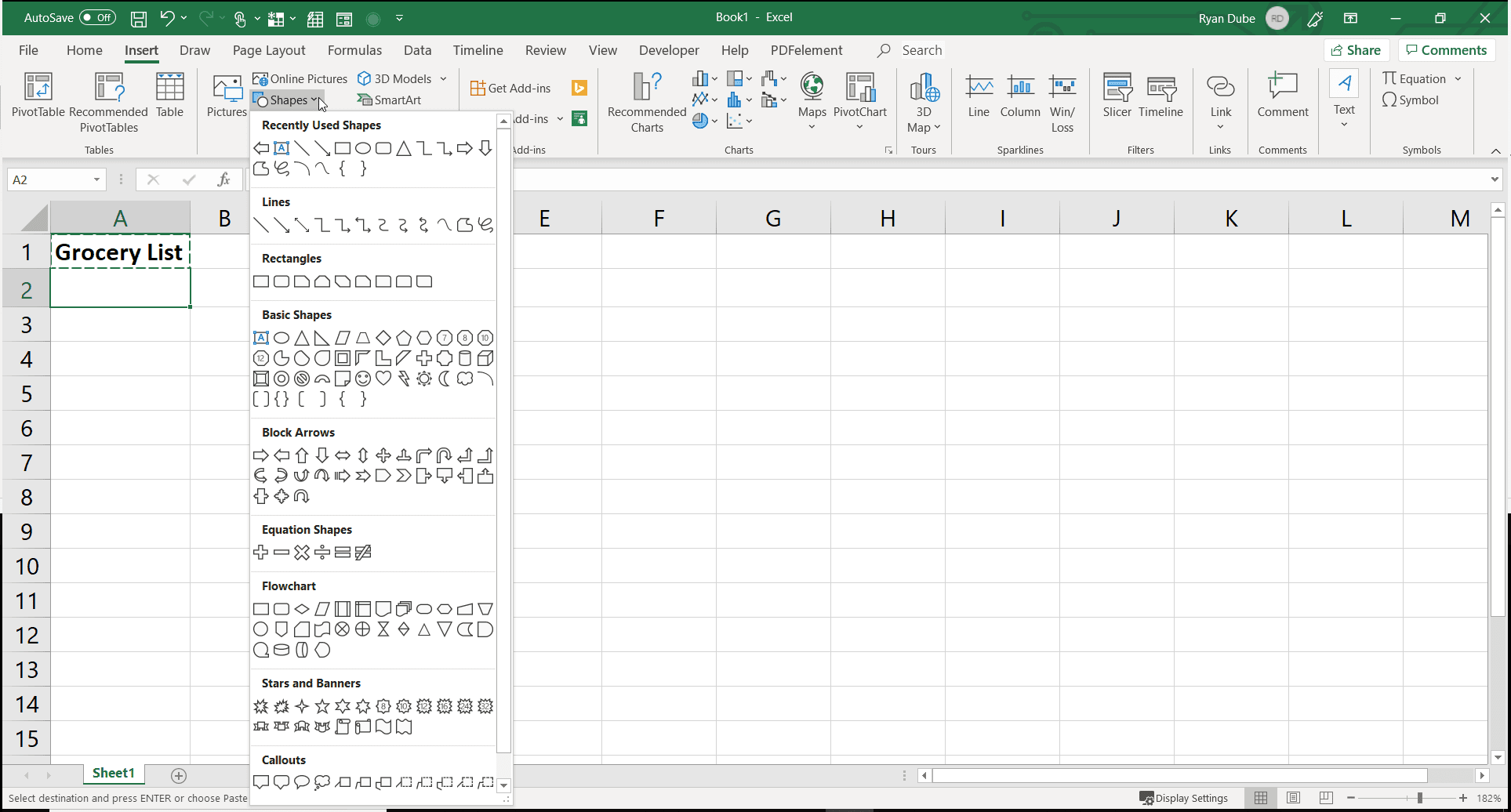 Скриншот вставки фигур в Excel