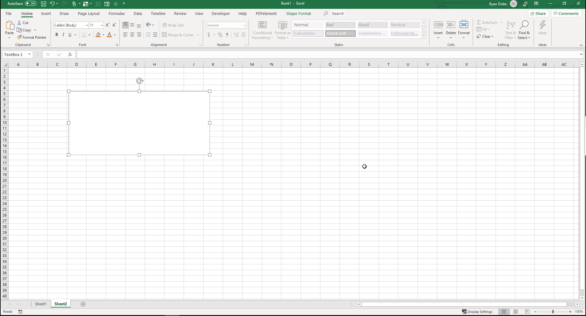 Скриншот вставки текстового поля в Excel