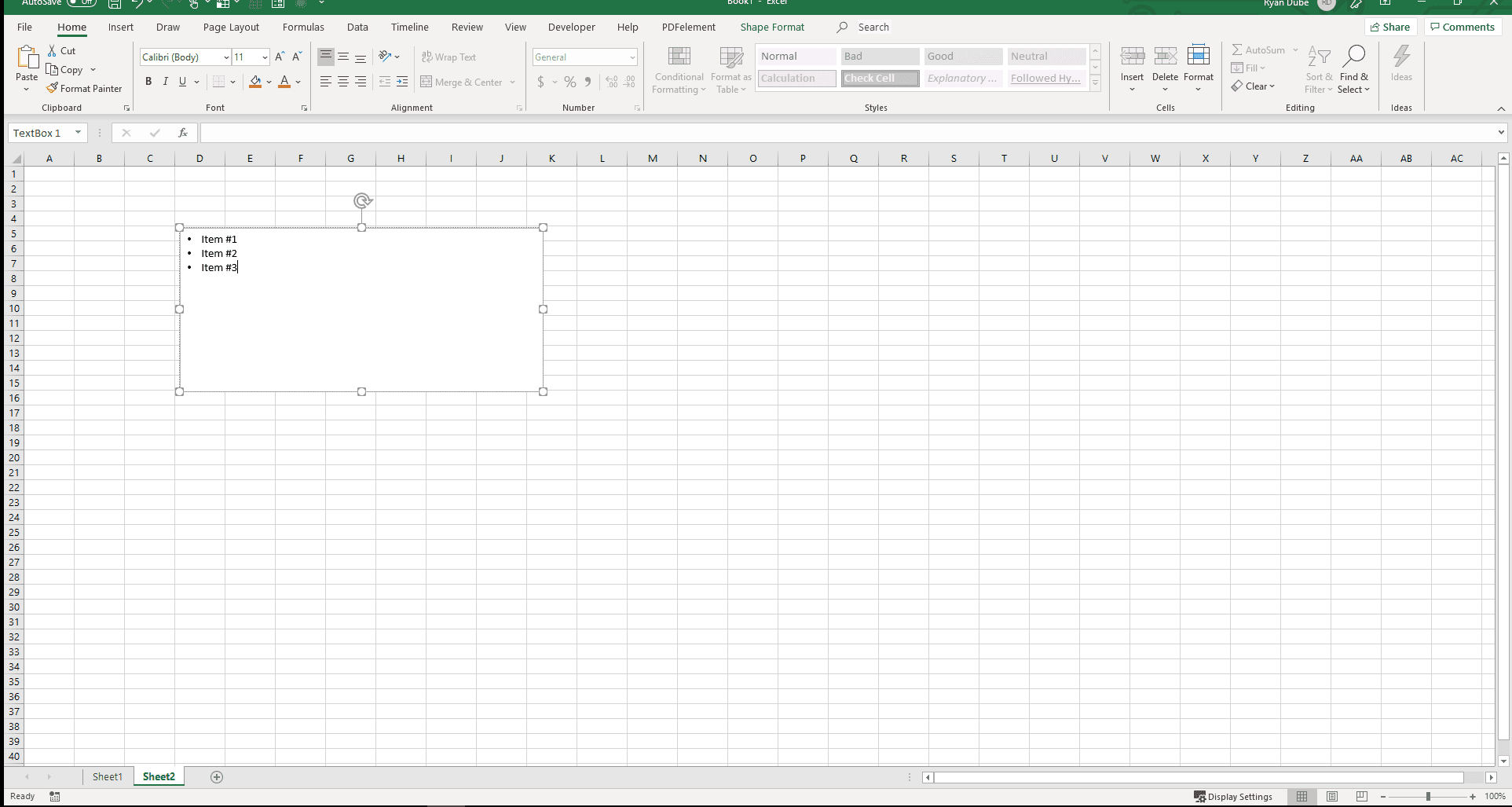 Снимок экрана добавления списка маркеров в текстовое поле Excel
