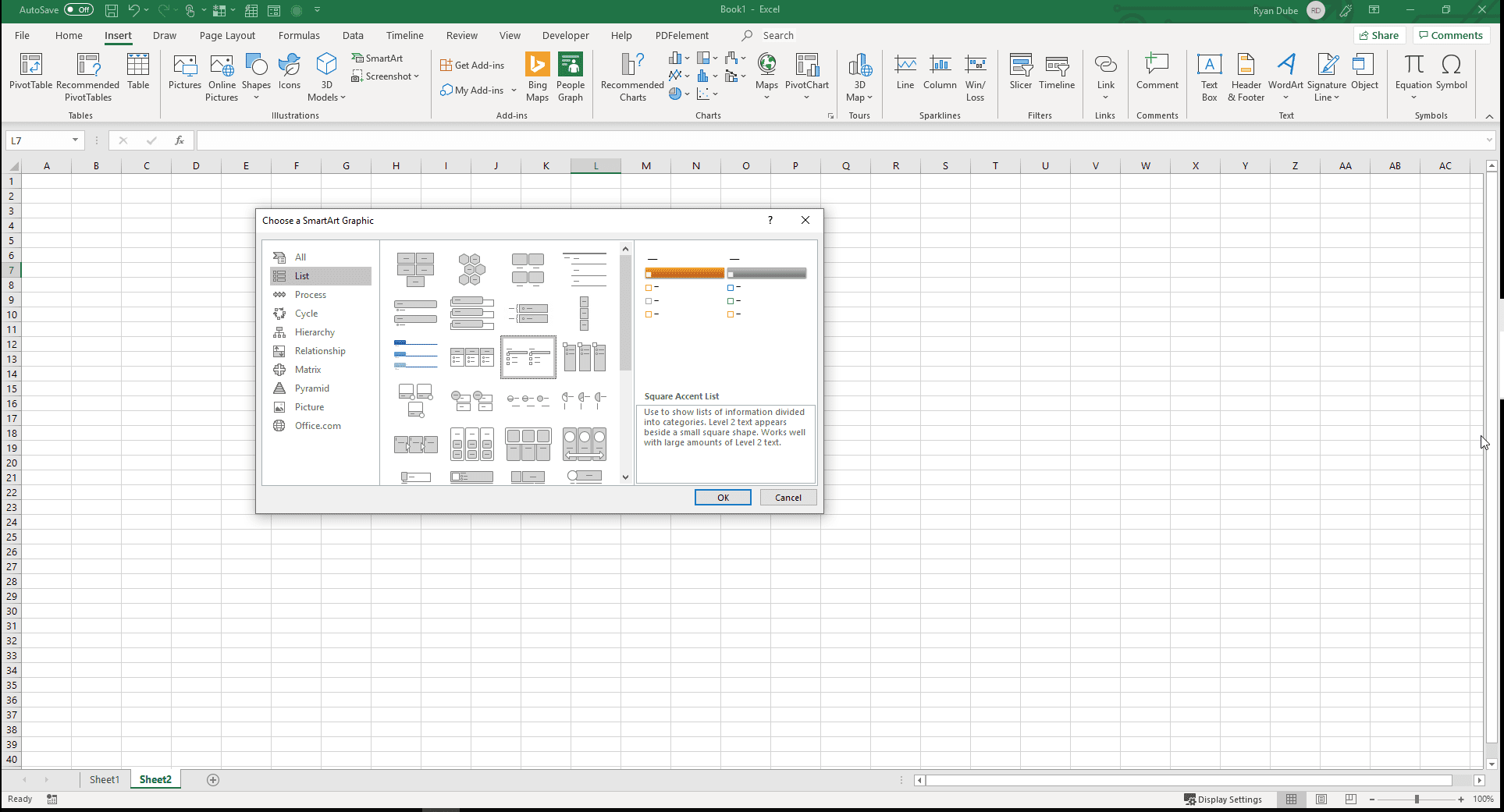 Снимок экрана выбора списка маркеров SmartArt в Excel