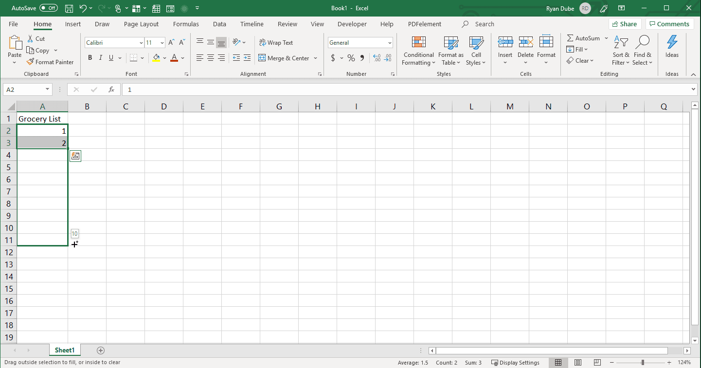 Снимок экрана с использованием функции заполнения в Excel