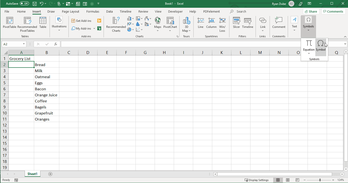 Снимок экрана добавления символа в Excel