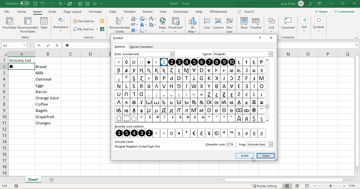 Снимок экрана добавления нумерованных символов в Excel