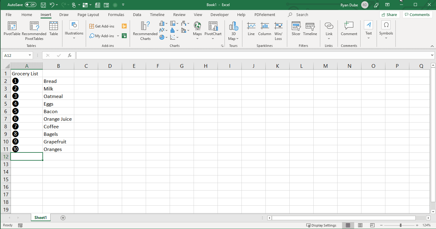 Снимок экрана добавления нумерованных символов в Excel