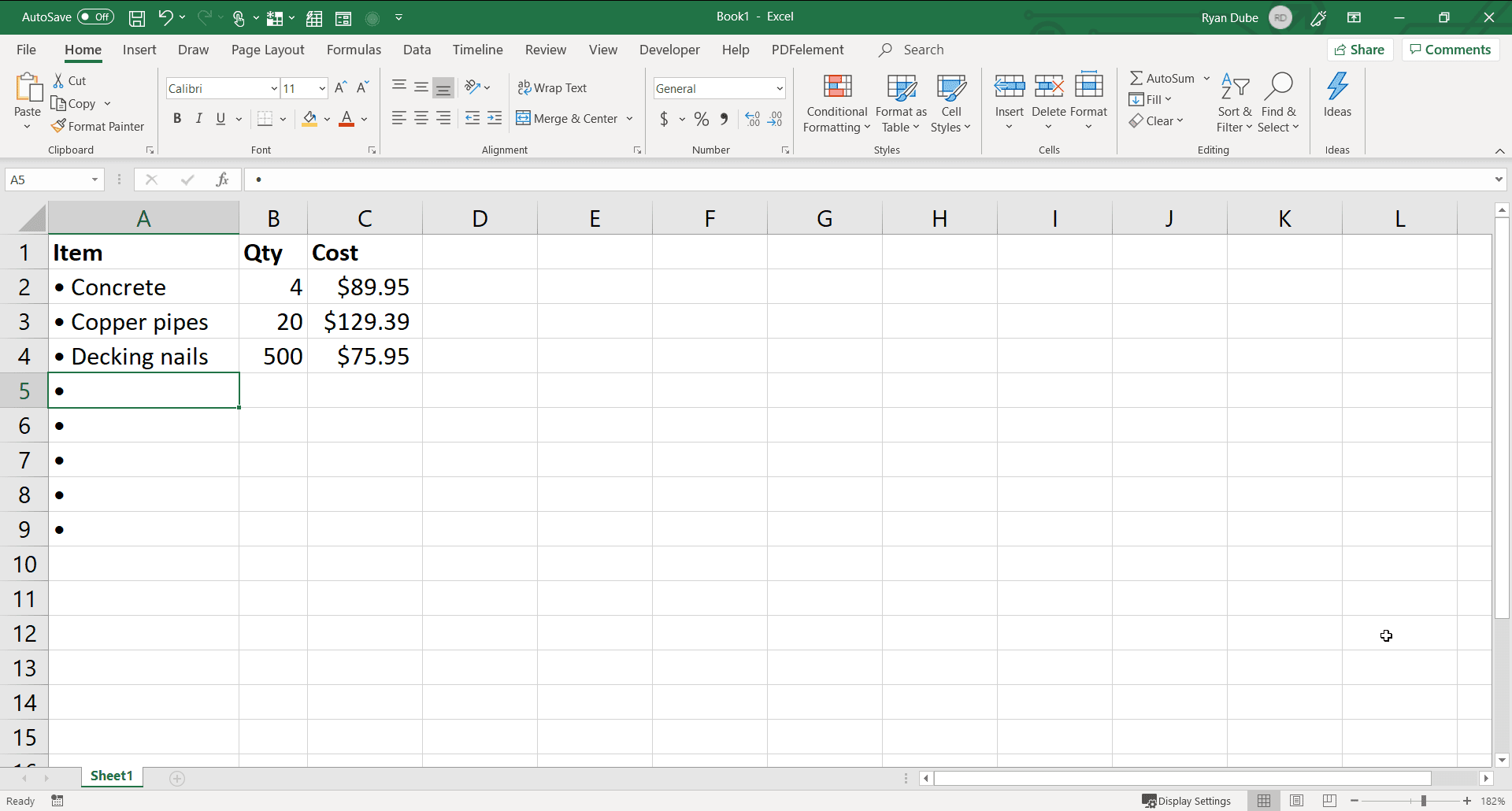 Снимок экрана с заполнением списка маркеров Excel