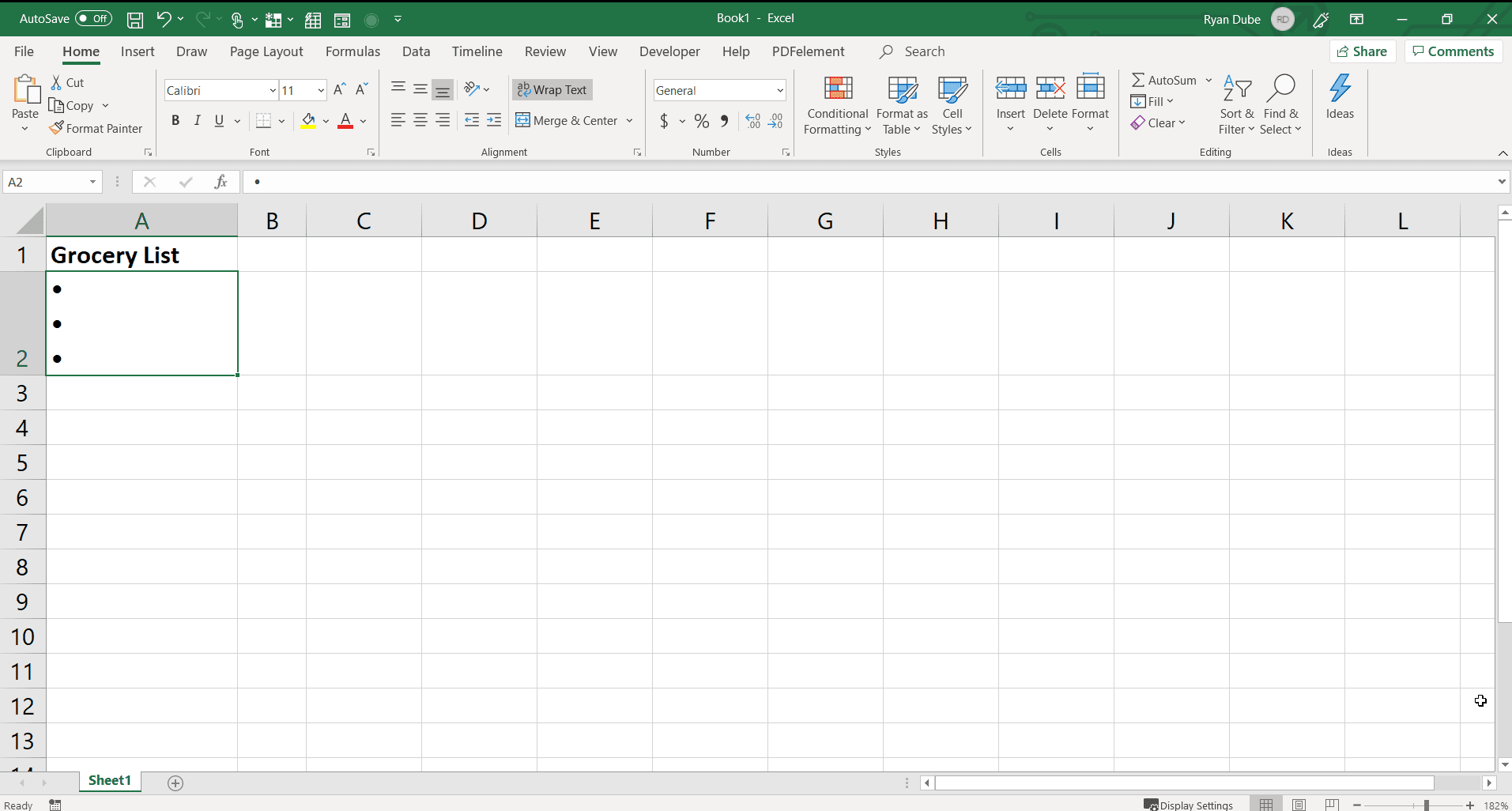 Снимок экрана с вводом нескольких пуль в одну ячейку в Excel