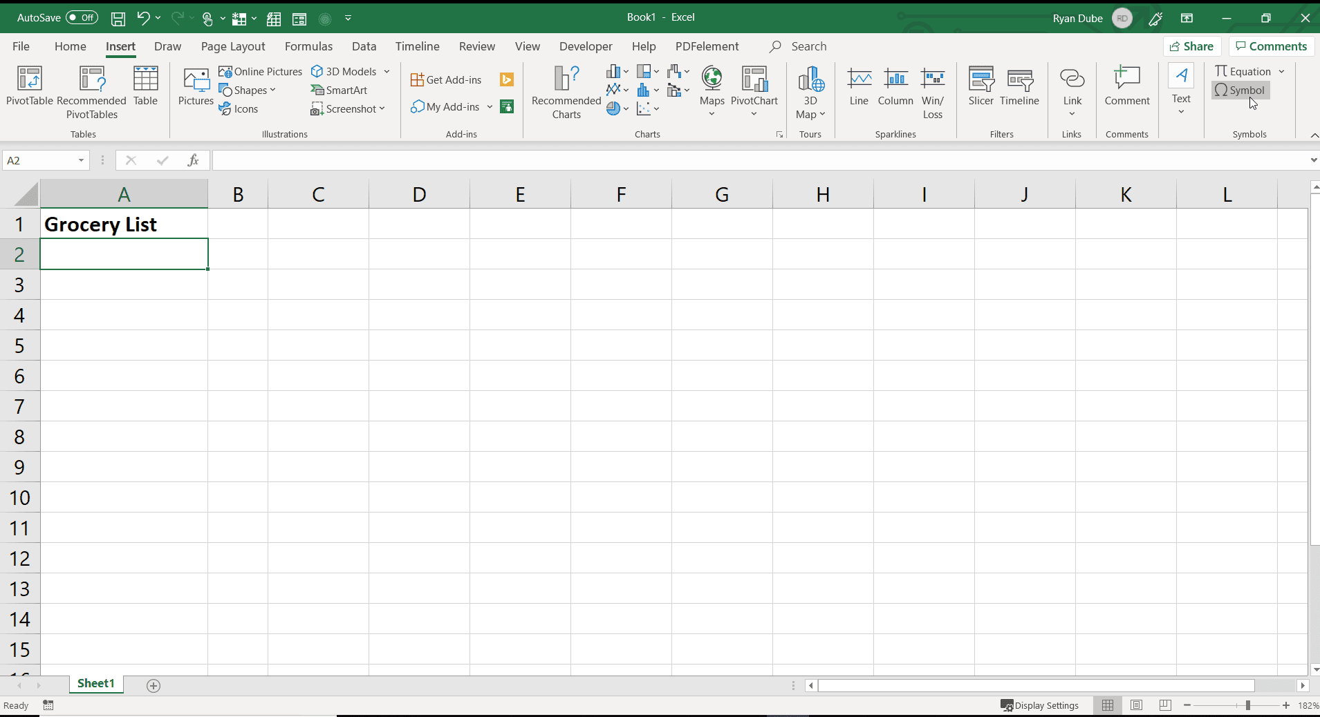 Снимок экрана выбора символов в Excel