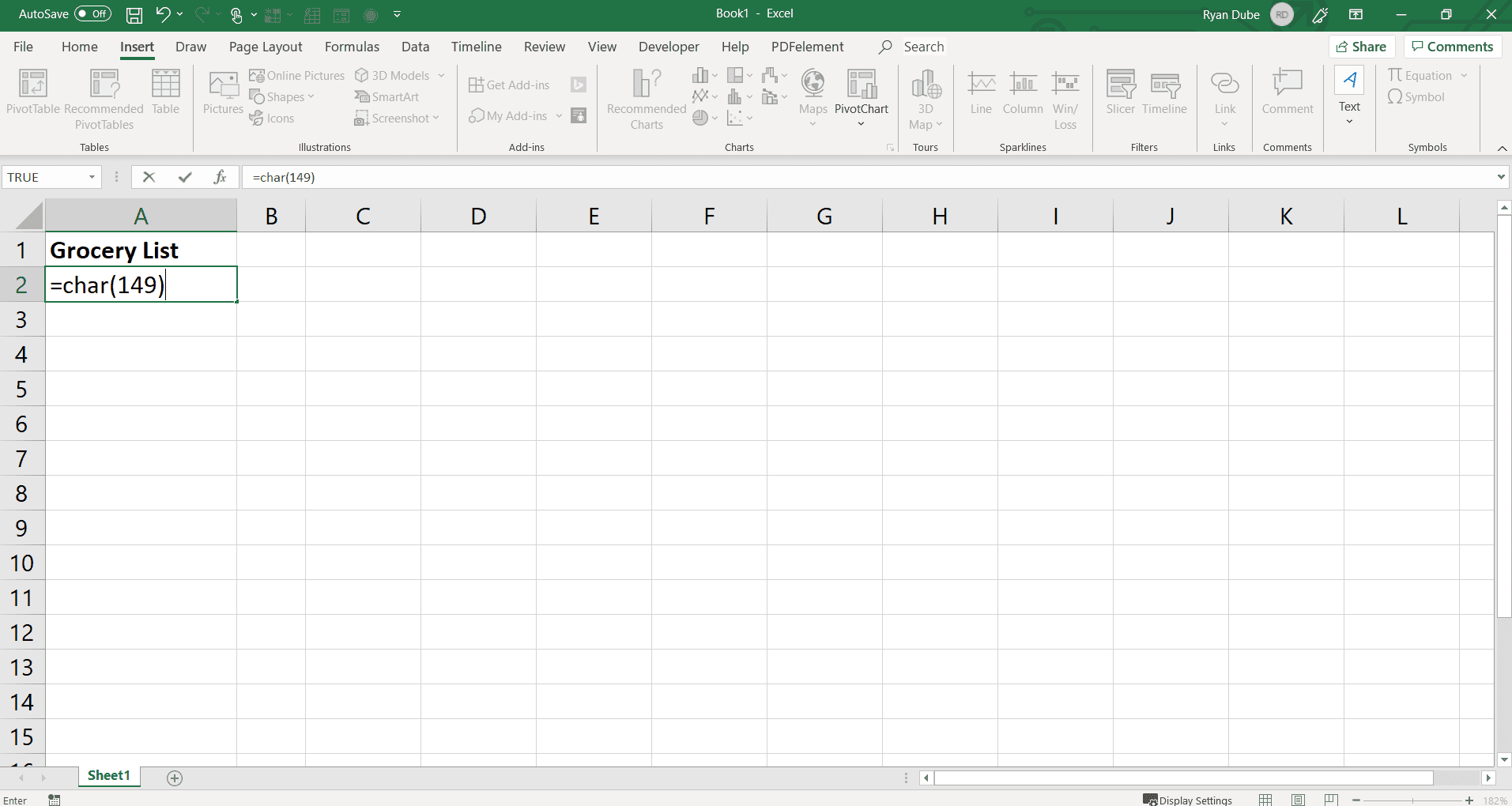Снимок экрана с использованием формулы для вставки маркера в Excel