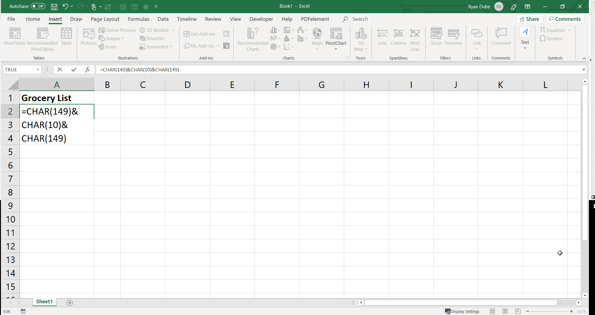 Снимок экрана использования функции CHAR для вставки маркеров в Excel