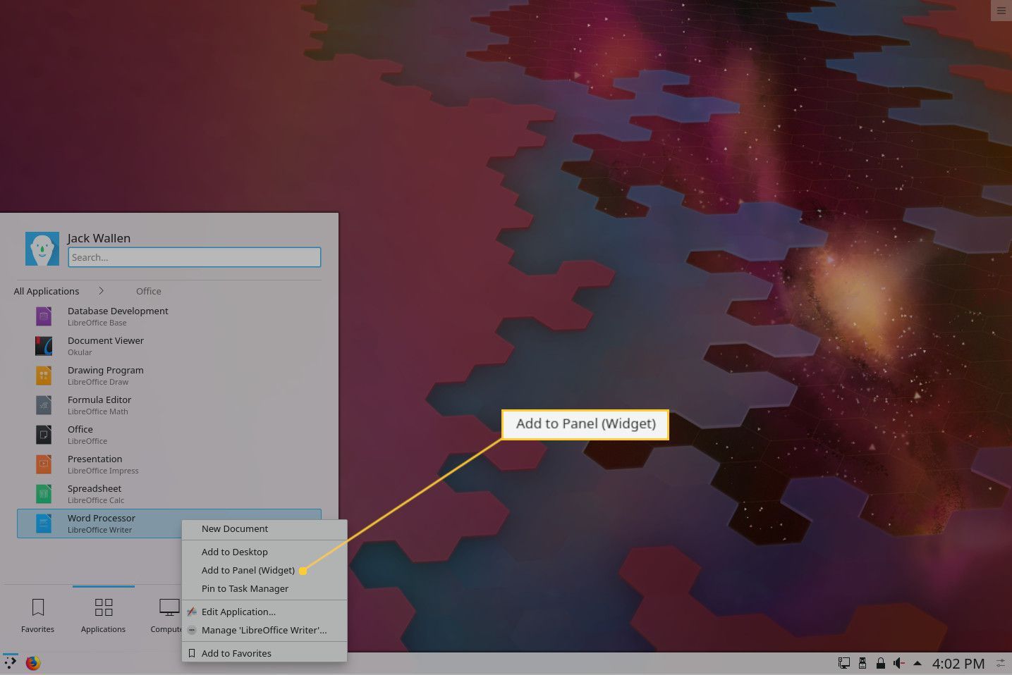 Снимок экрана добавления панели запуска приложений на панель KDE.
