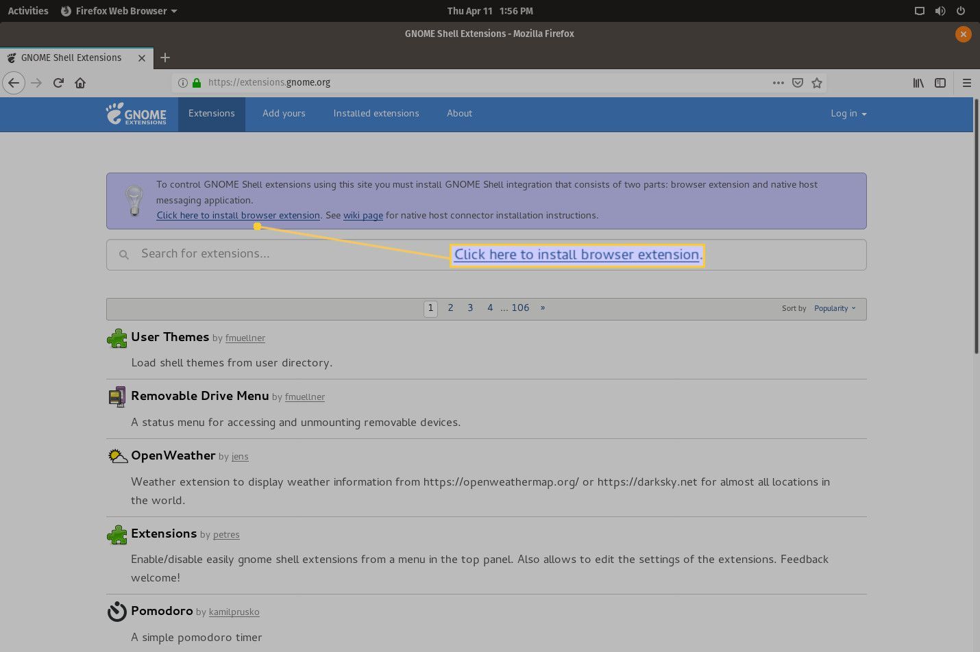 Снимок экрана сайта расширений GNOME.