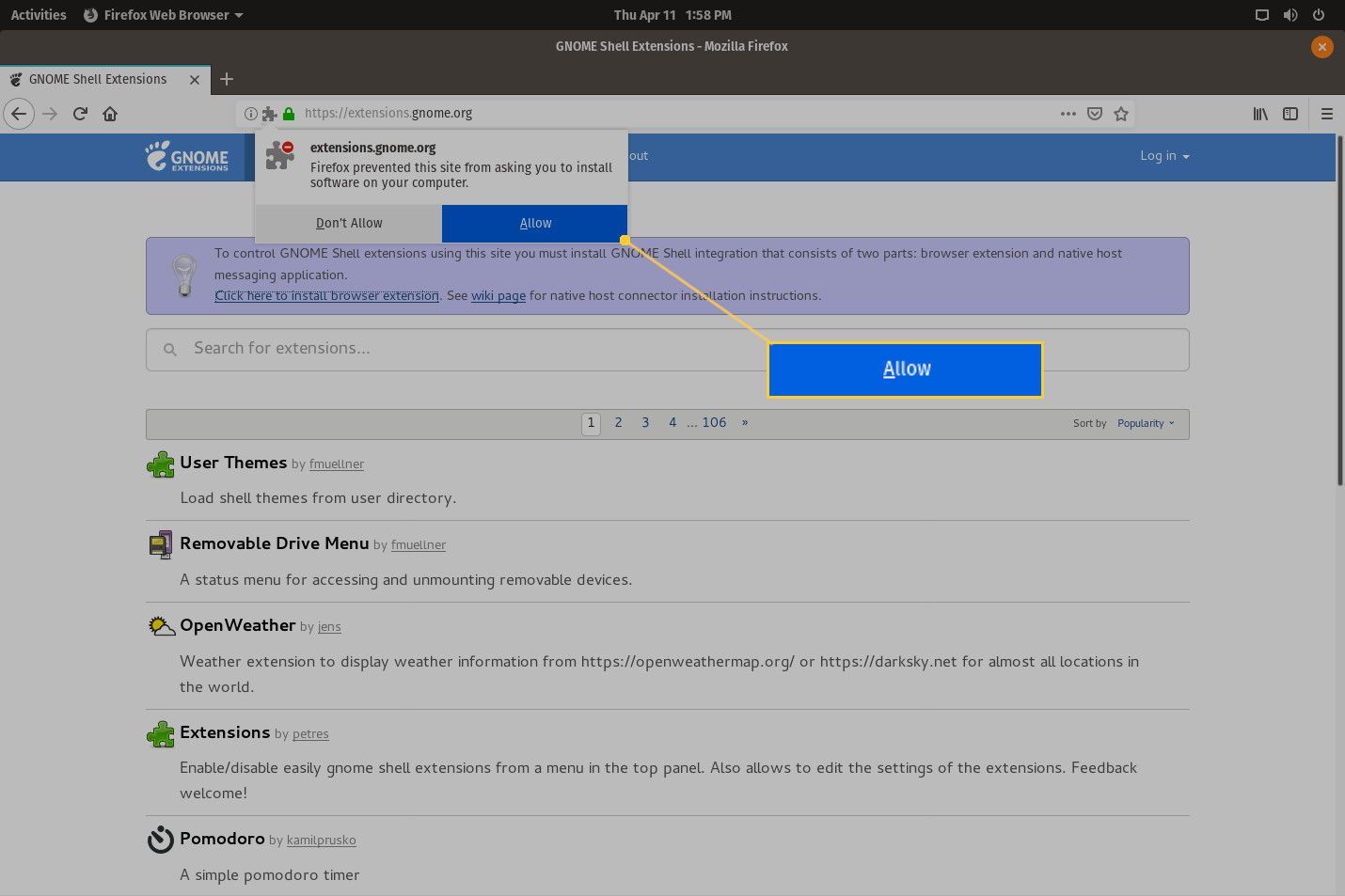 Снимок экрана установки инструмента расширения GNOME.