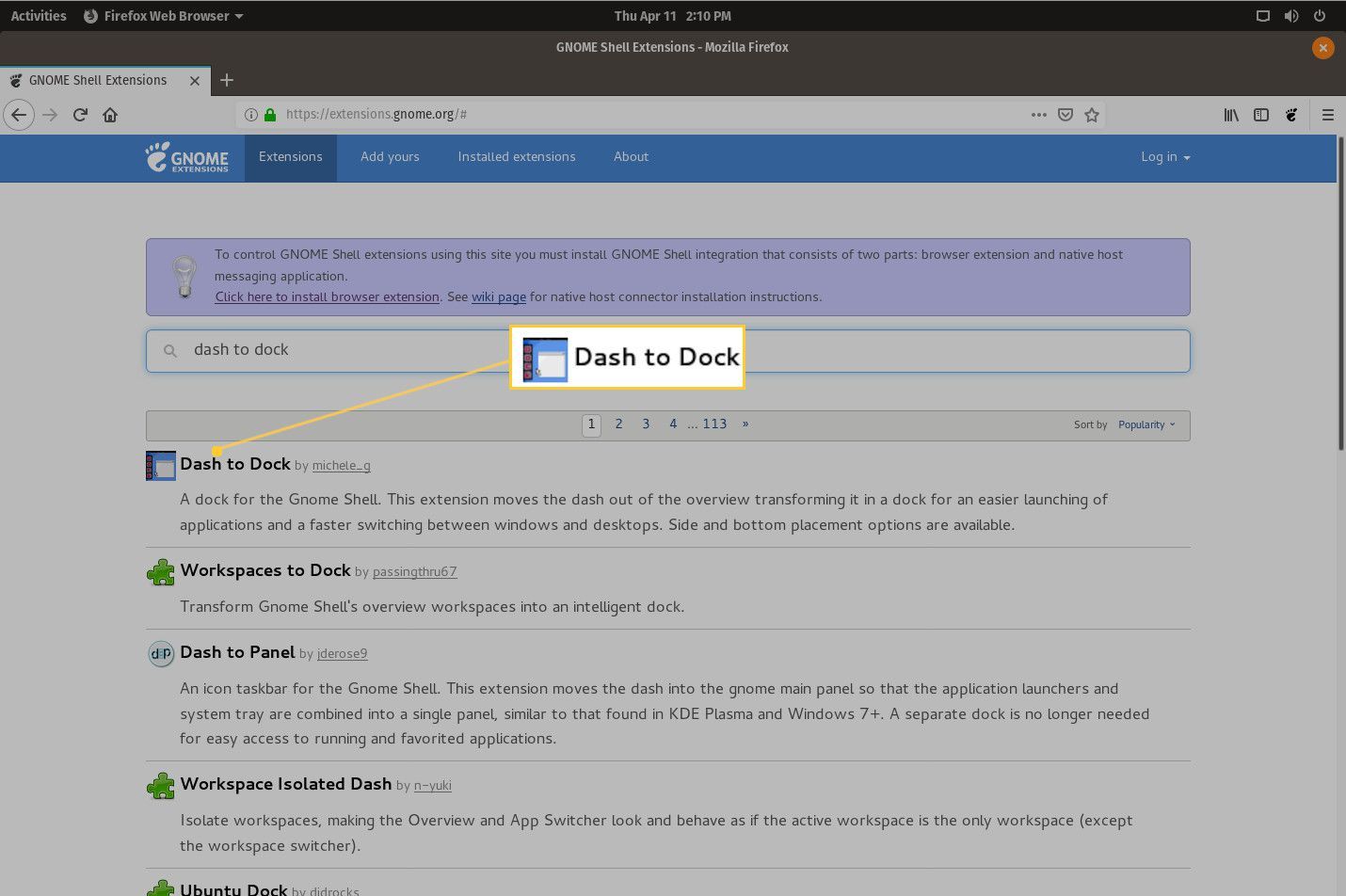 Скриншот установки Dash в Dock.