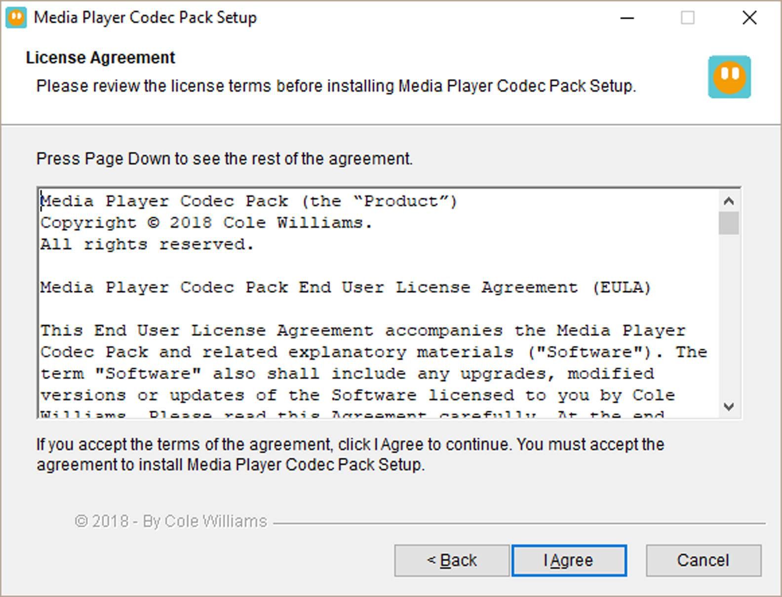 Экран настройки Media Player Codec Pack - Лицензионное соглашение