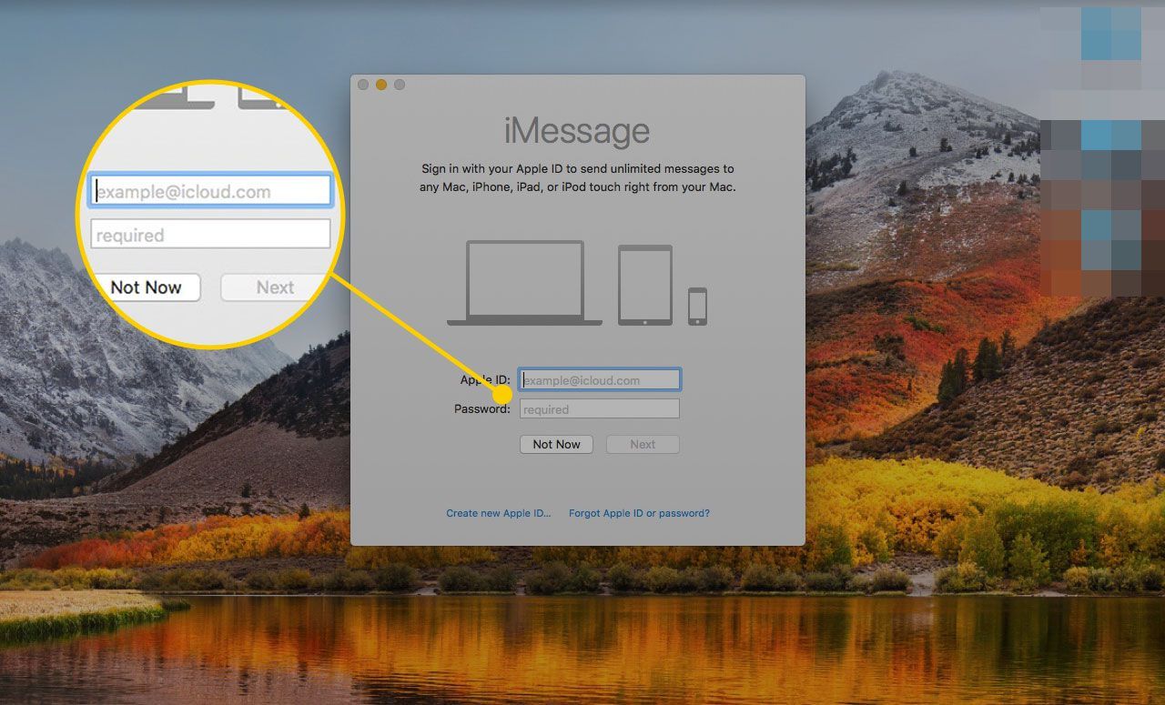 iMessage на Mac с выделенным окном входа