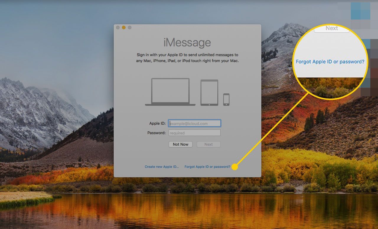Сообщения на Mac с выделенной кнопкой Забыли Apple ID или пароль