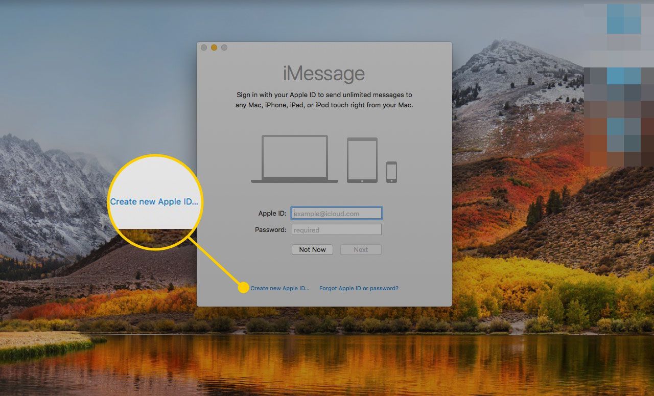 Сообщения на Mac с выделенной кнопкой «Создать новый Apple ID»