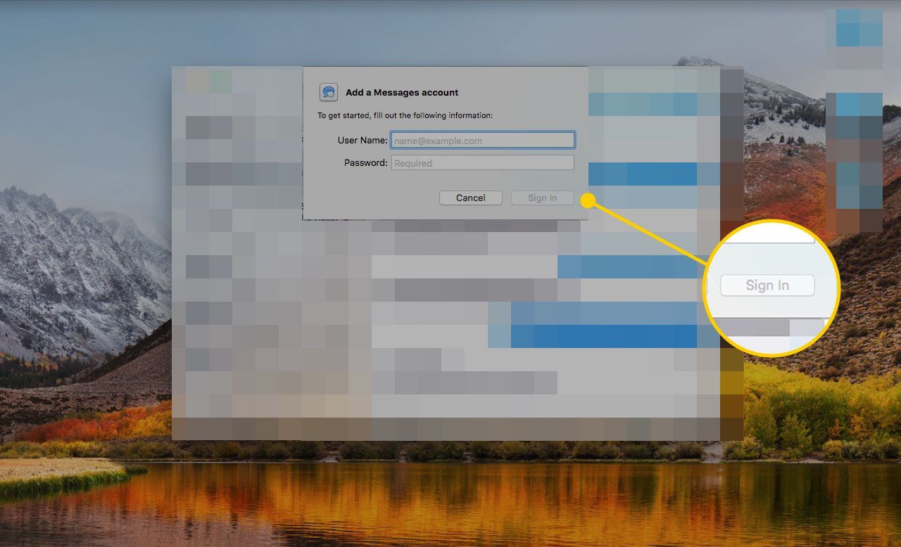 Экран входа в «Сообщения для Mac» с выделенной кнопкой «Вход»