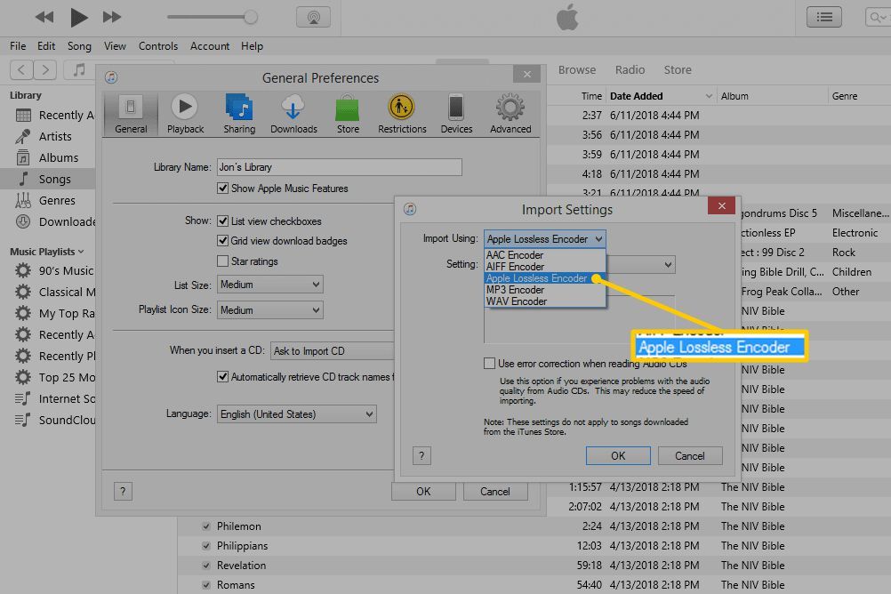 Опция Apple Lossless Encoder в настройках импорта для iTunes