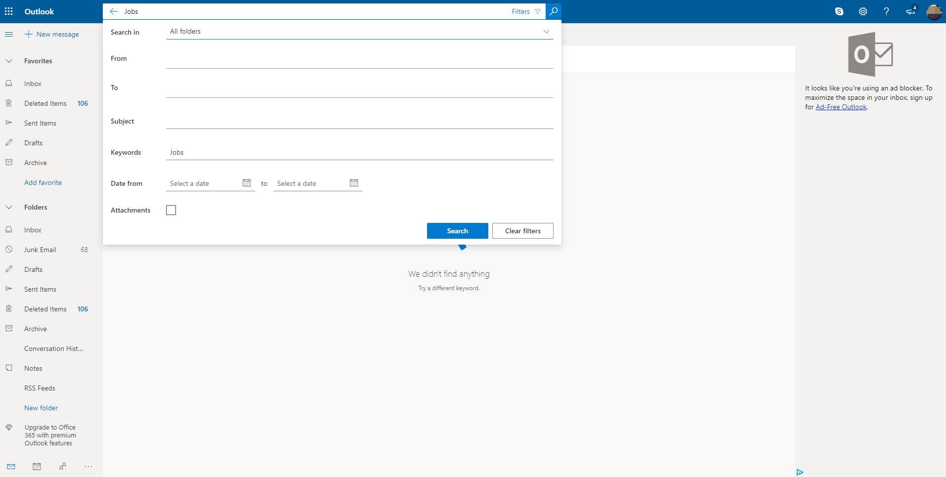 Скриншот с изображением Outlook Live's search filter options
