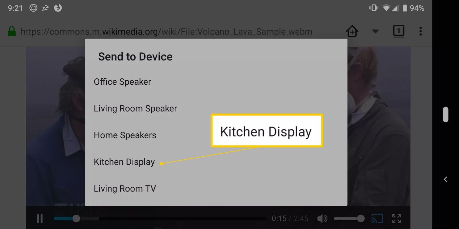 Параметр «Отображение кухни» в «Отправить на устройство» в Firefox для Android