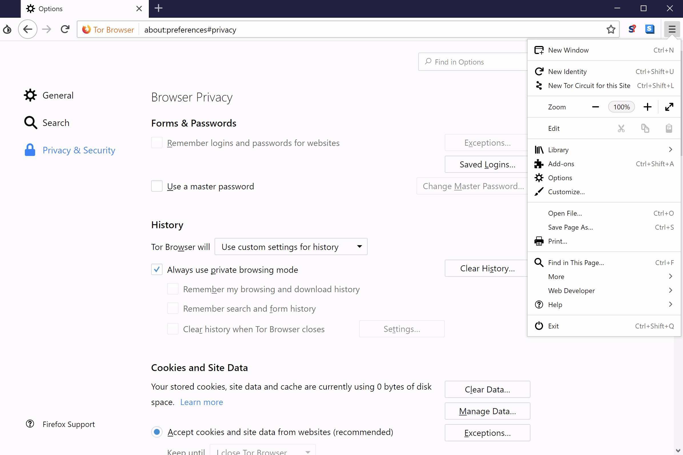 Tor Browser, показывающий параметры конфигурации Browser Privacy (похож на Firefox, так как он основан на этом браузере)