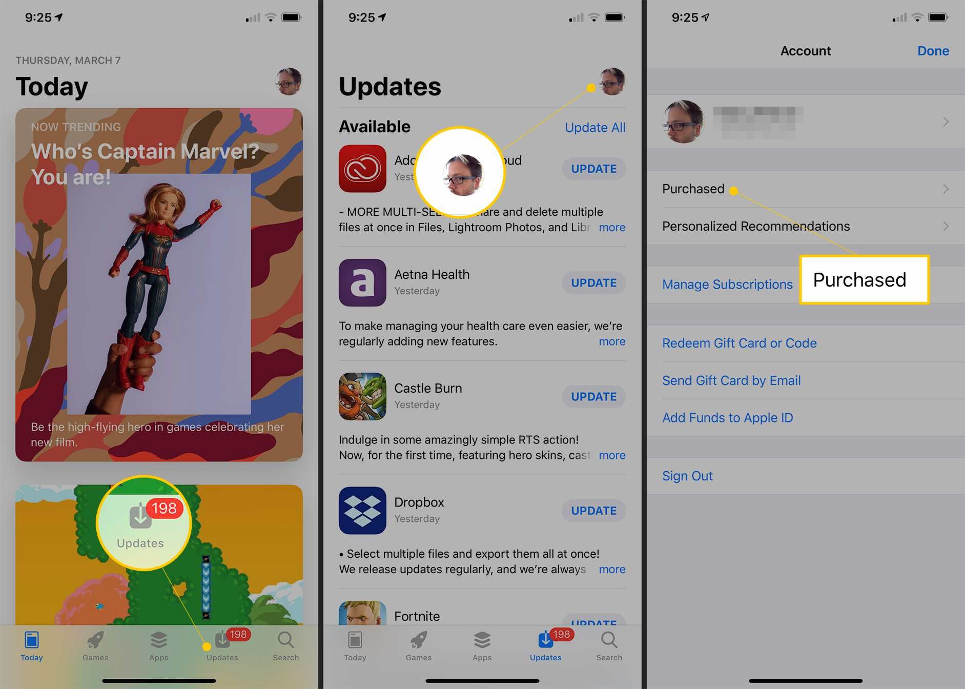 Обновления, Аккаунт, Купленные иконки в App Store на iOS