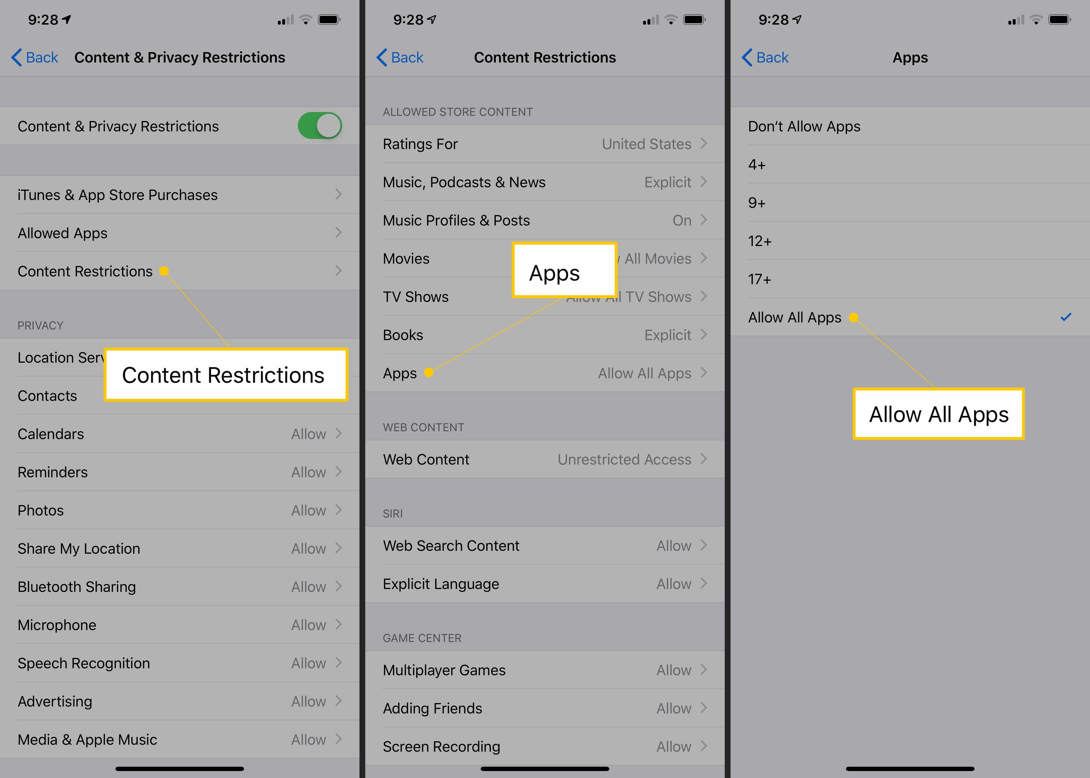 Кнопки «Ограничения содержимого», «Приложения» и «Разрешить все приложения» в настройках iOS