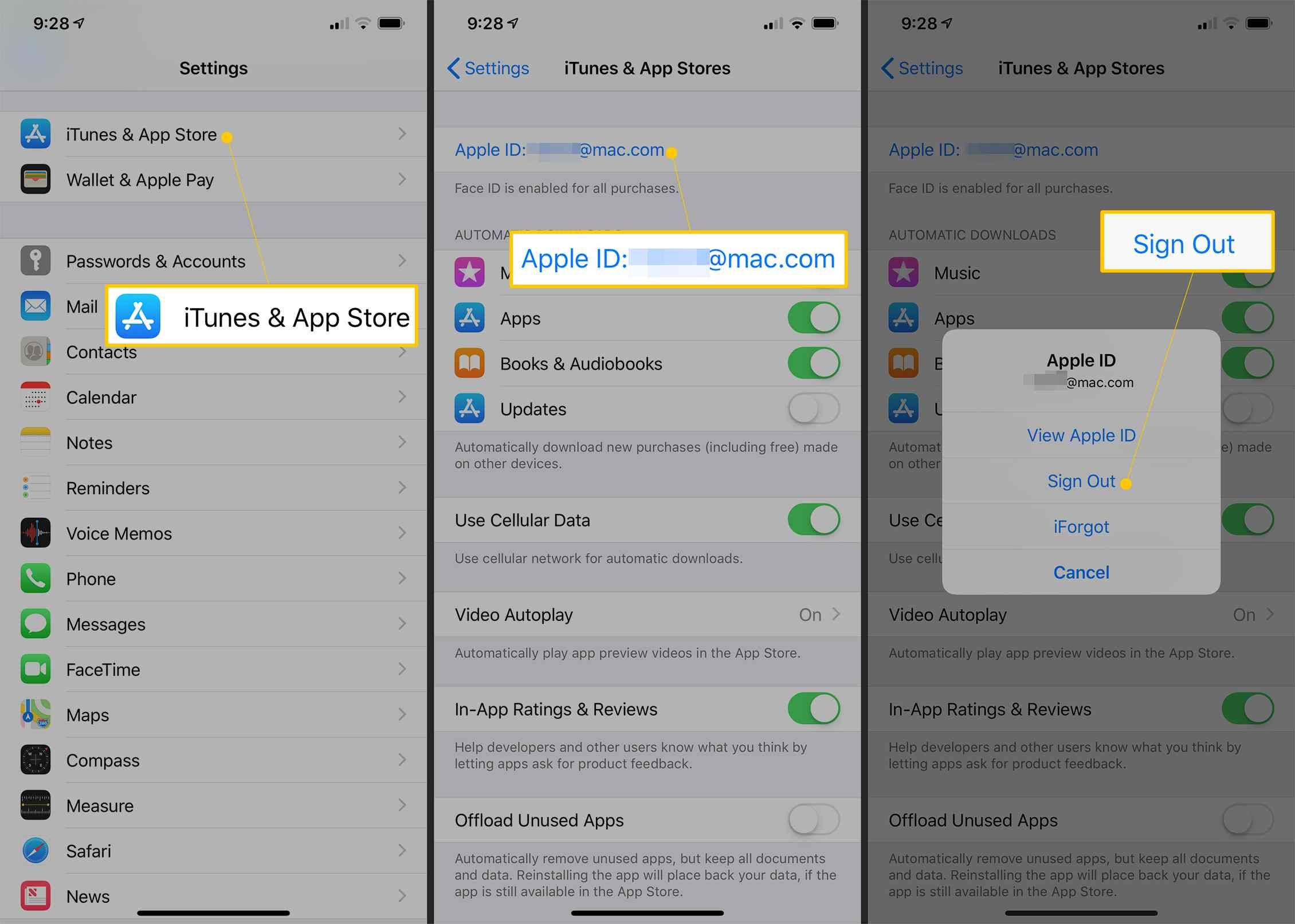 iTunes & App Store, Apple ID, кнопки «Выйти» в настройках iOS