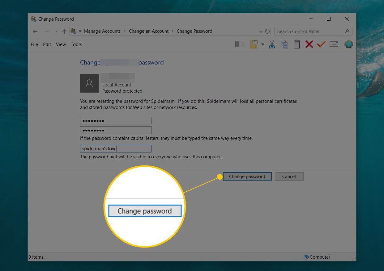 Кнопка Изменить пароль в окне Изменить пароль
