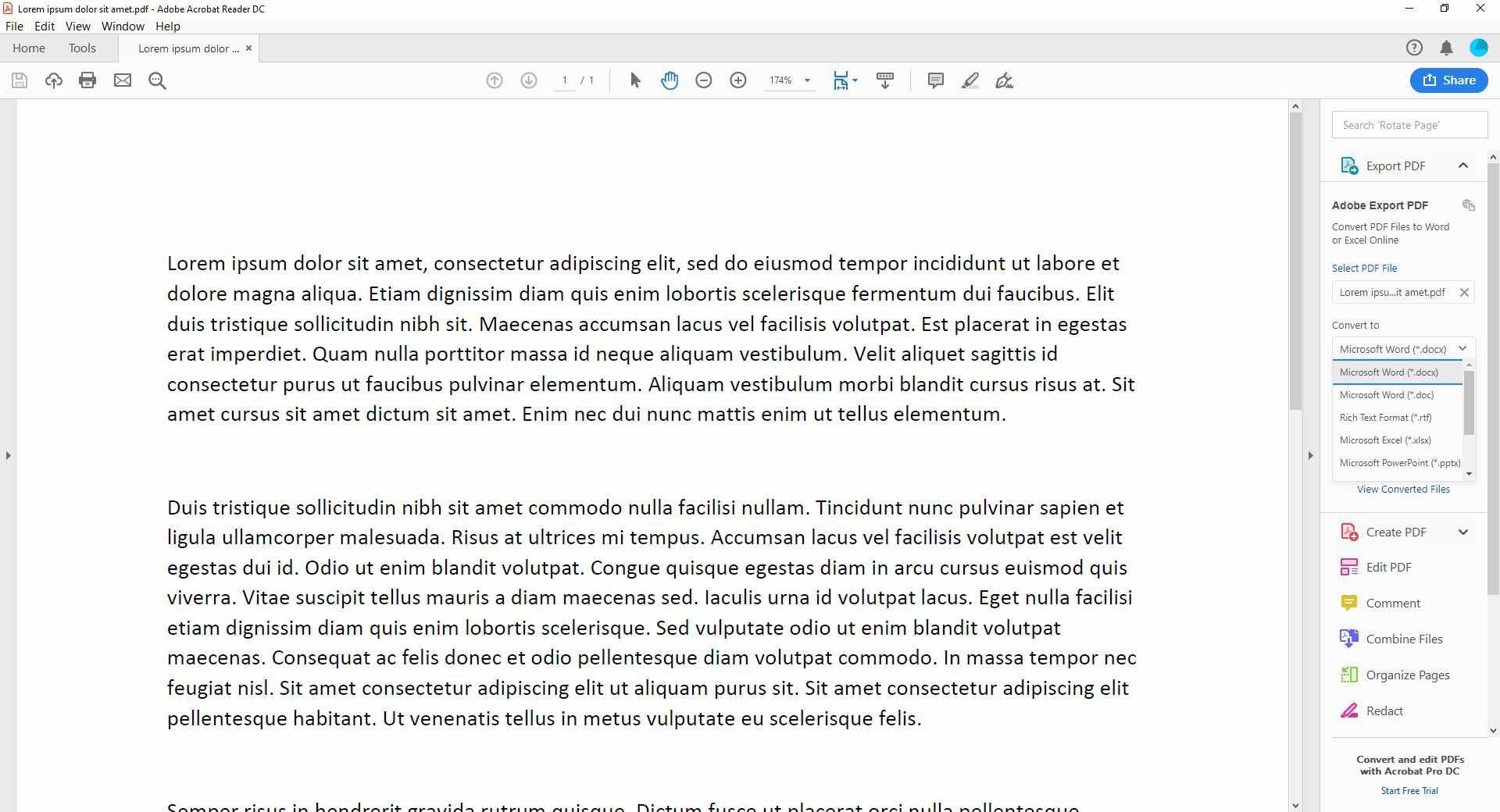 Снимок экрана: преобразование в Word в Adobe Acrobat