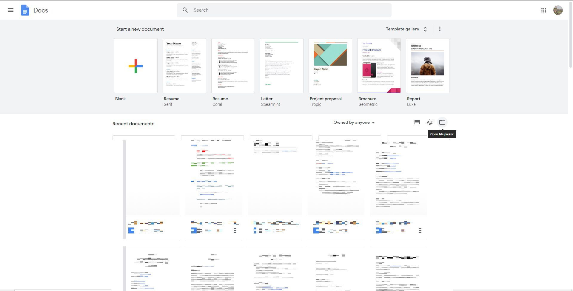 Снимок экрана: средство выбора открытых файлов в Документах Google