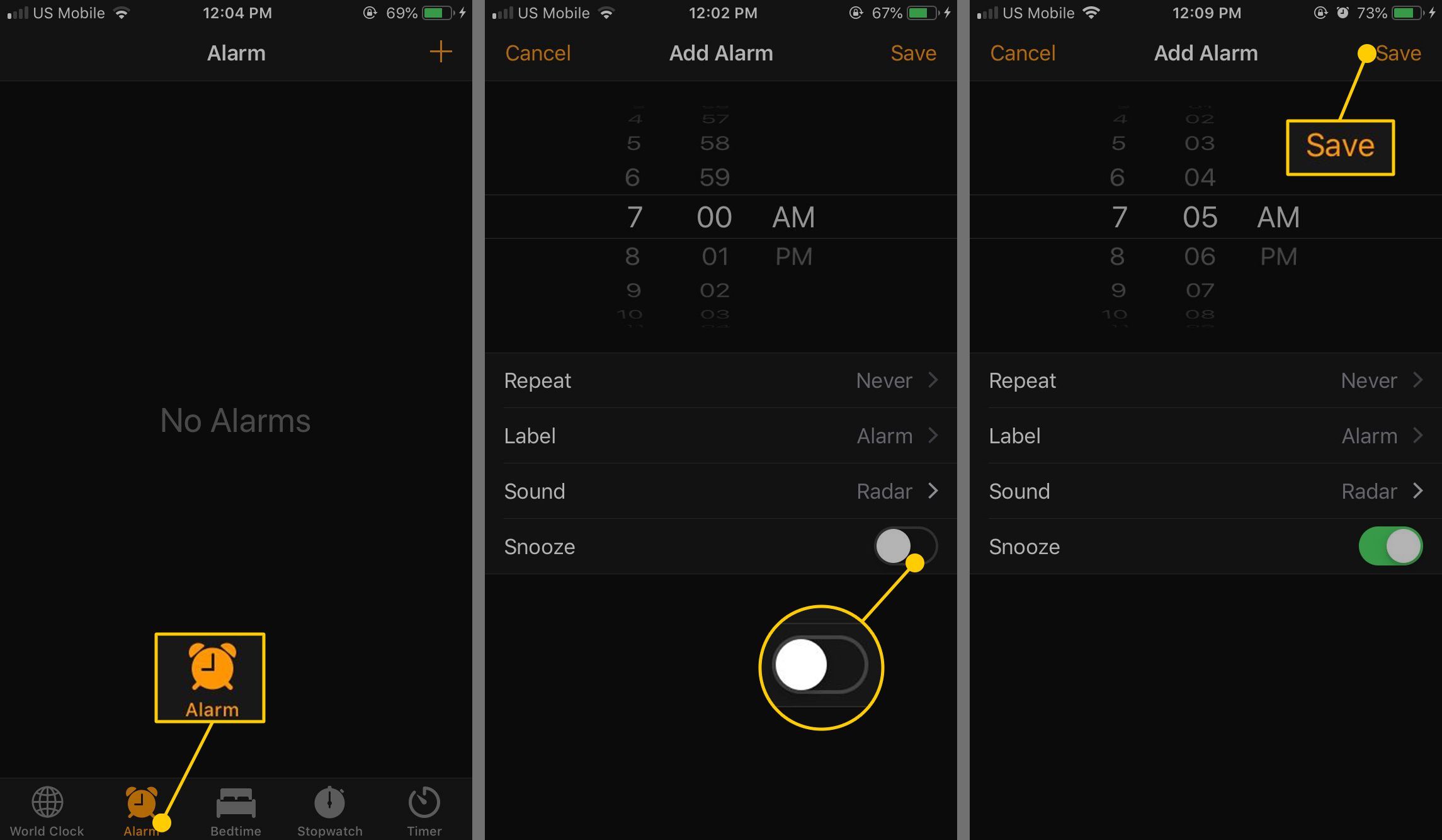 Скриншоты, показывающие, как установить будильник на iPhone.
