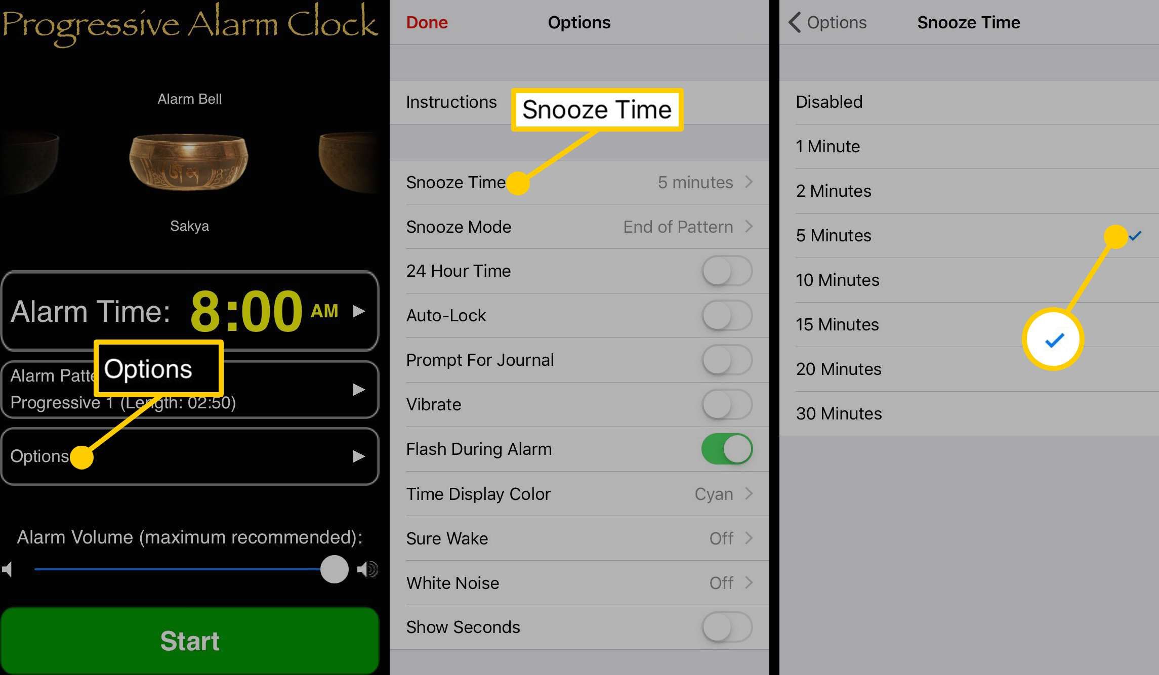 Снимки экрана, показывающие, как создать время повтора в приложении Progressive Alarm Clock.