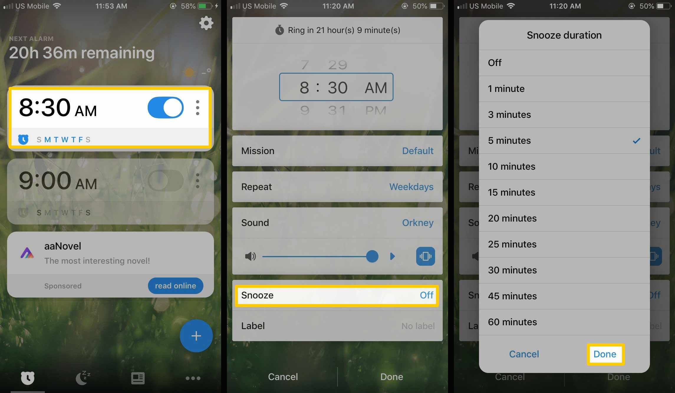 Снимки экрана, показывающие, как создать откладывание в приложении Alarmy.