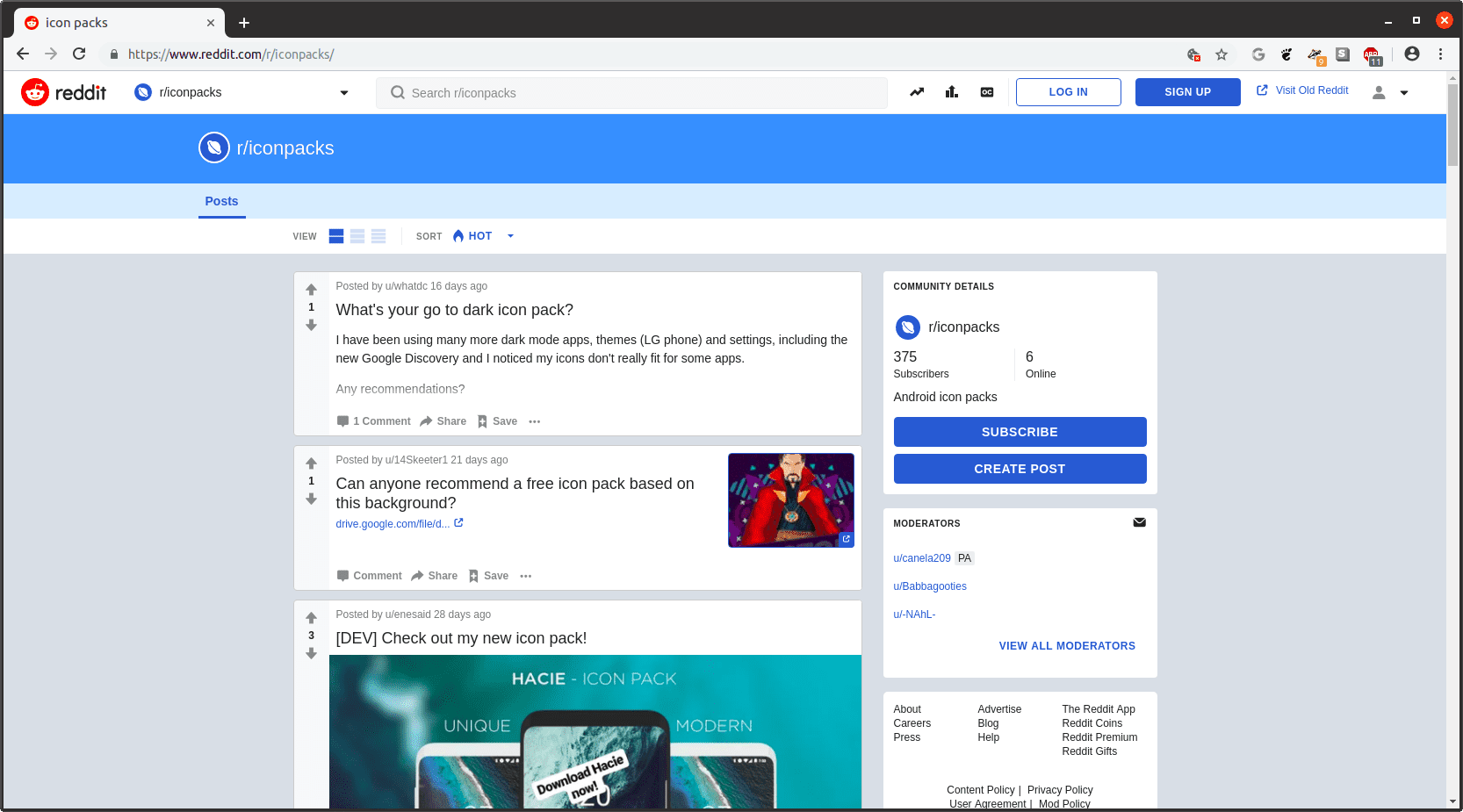 Reddit r / iconpacks subreddit в браузере Google Chrome