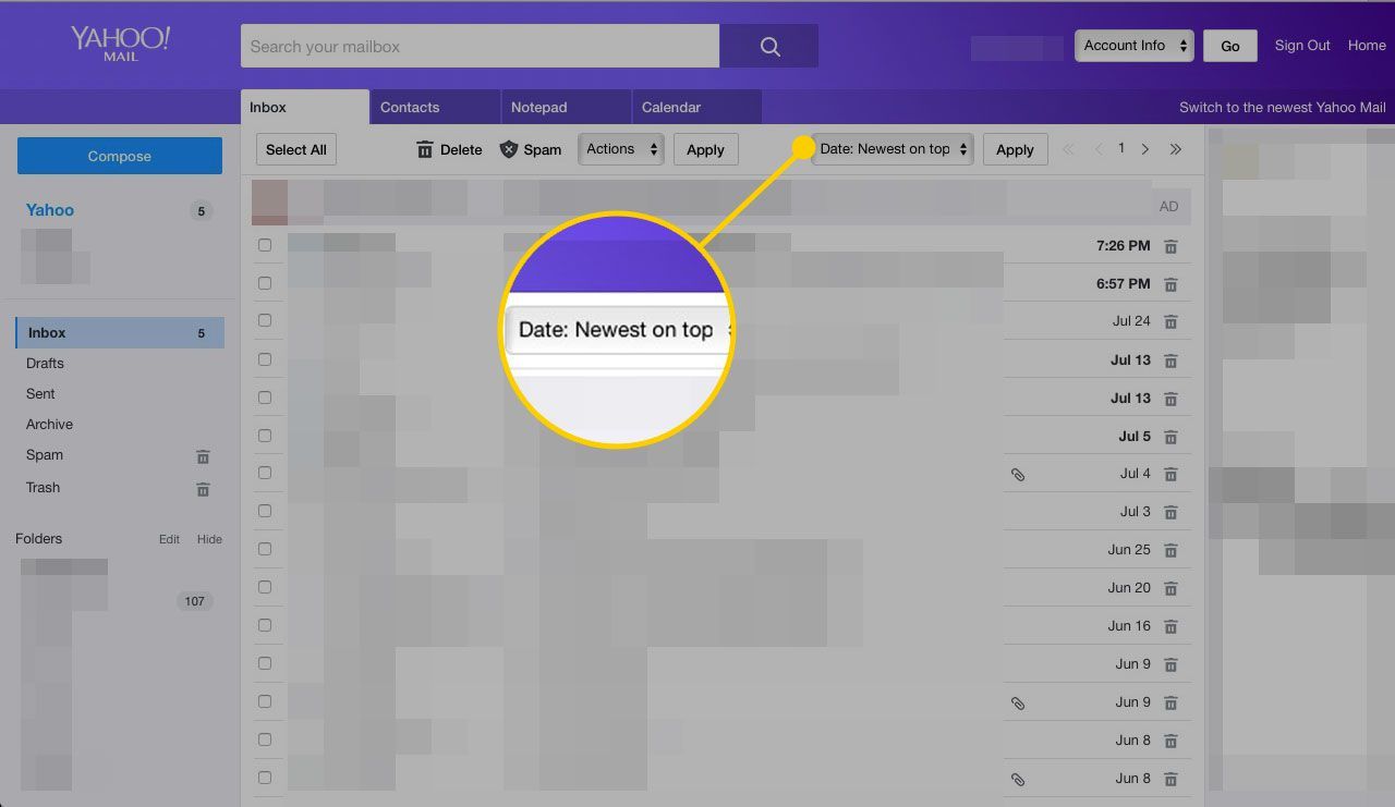 Сортировка выпадающего меню в Yahoo Mail Classic